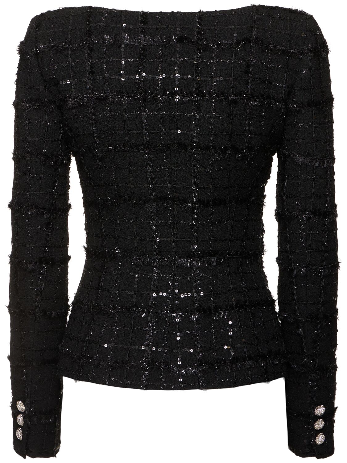 ALESSANDRA RICH SEQUINED CHECKED TWEED ROUND NECK JACKET 