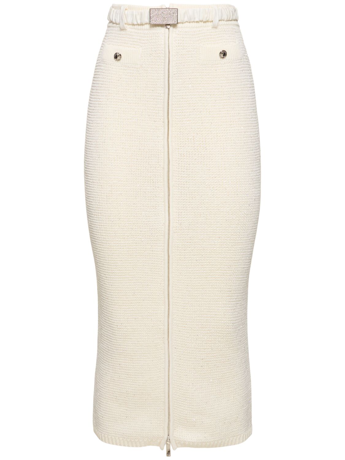 Alessandra Rich Sequined Cotton Blend Knit Midi Skirt In White