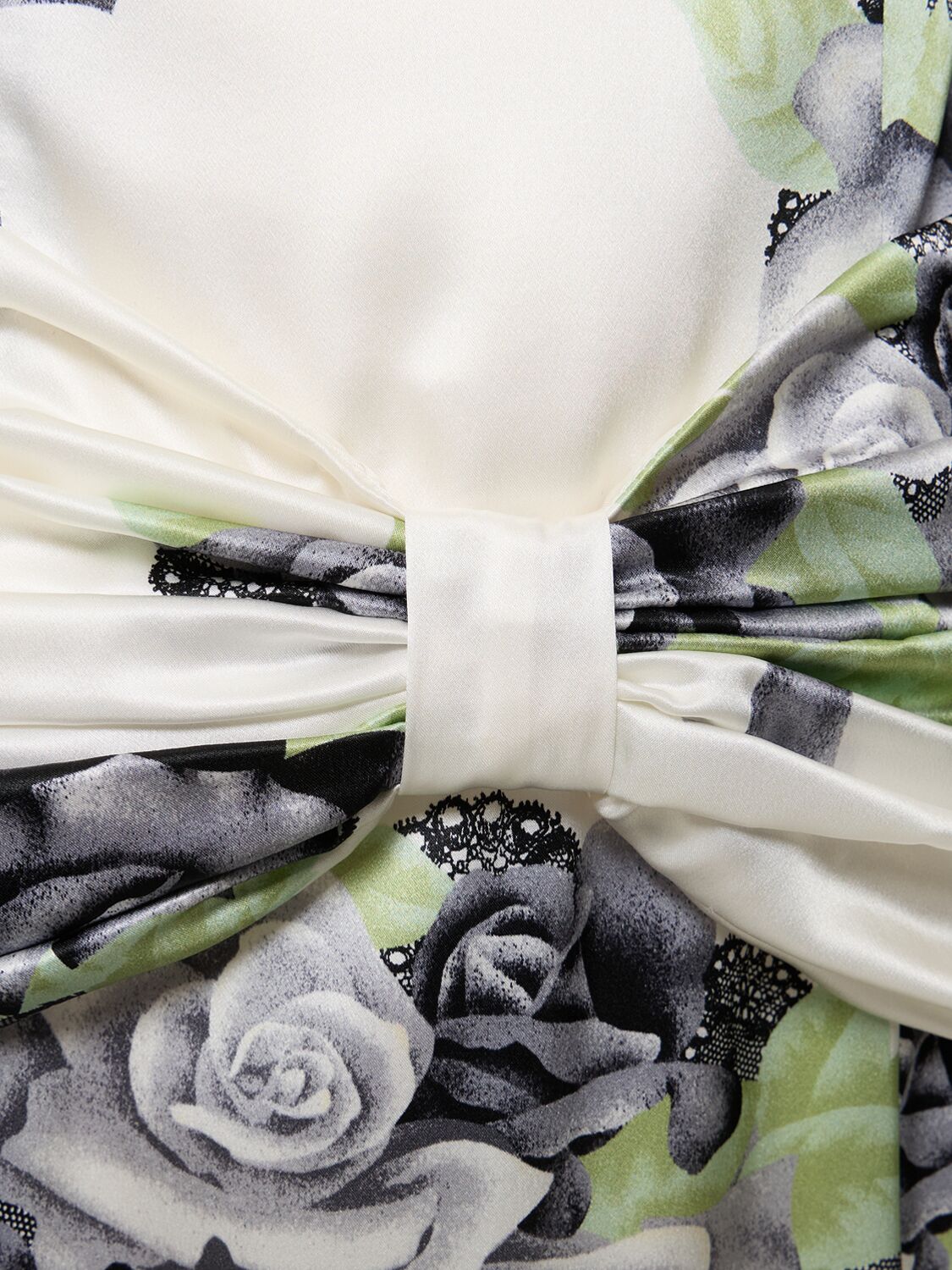 Shop Alessandra Rich Rose Print Silk Satin Dress W/ Bow In Black,white