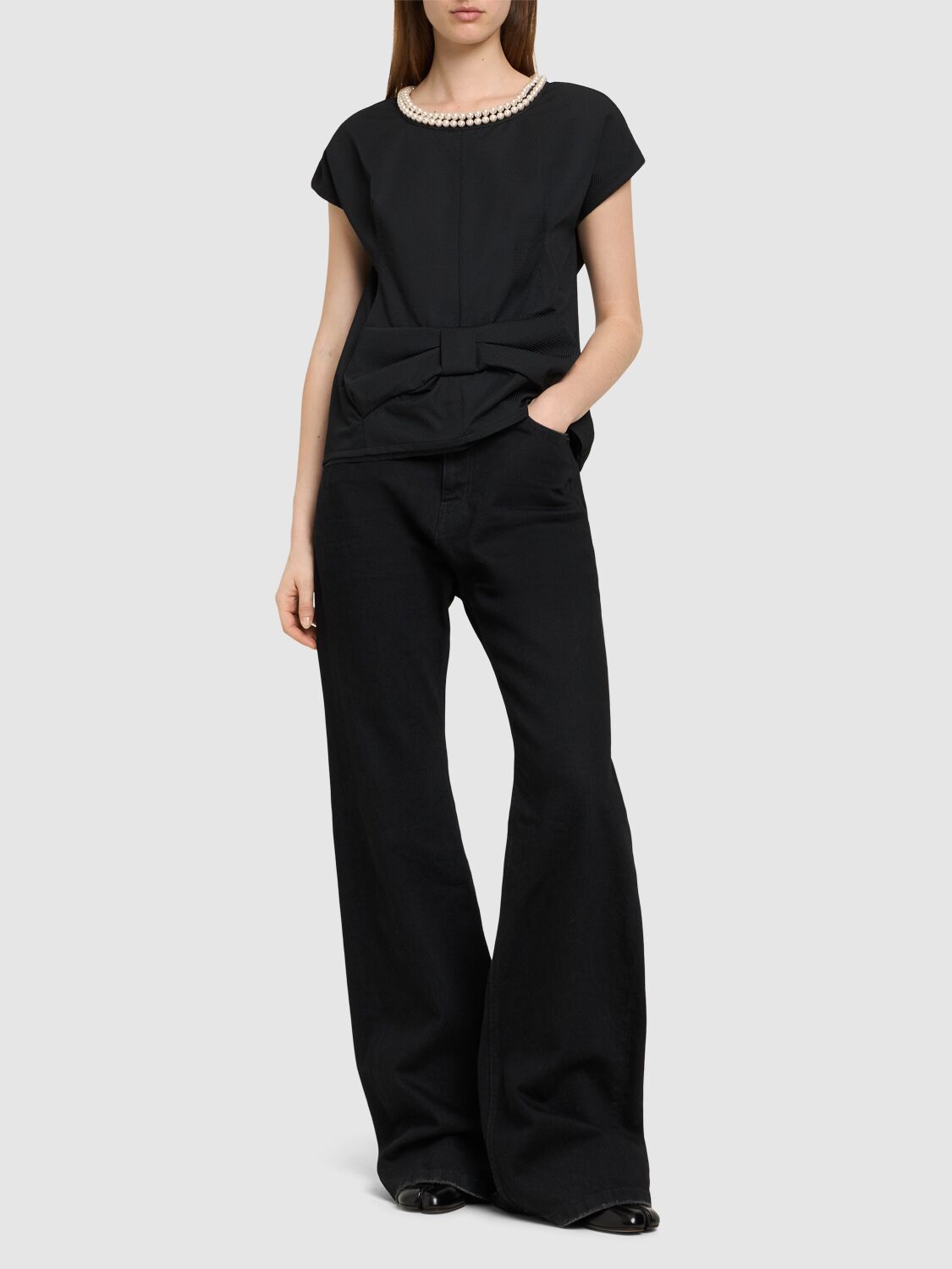 Junya Watanabe Draped Back Top With Bow And Pearls In Black