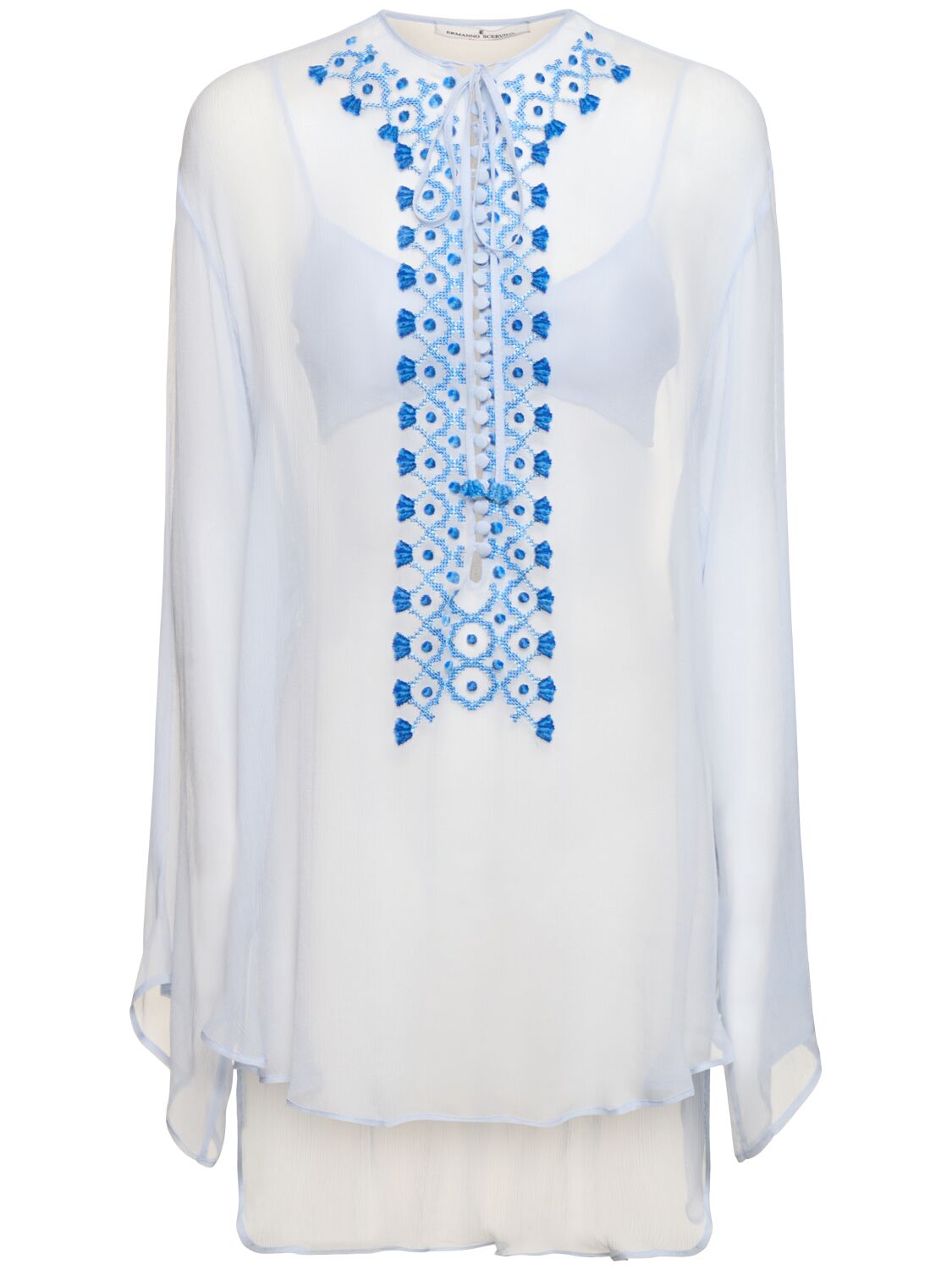 Ermanno Scervino Embroidered Silk Caftan Shirt In Blue