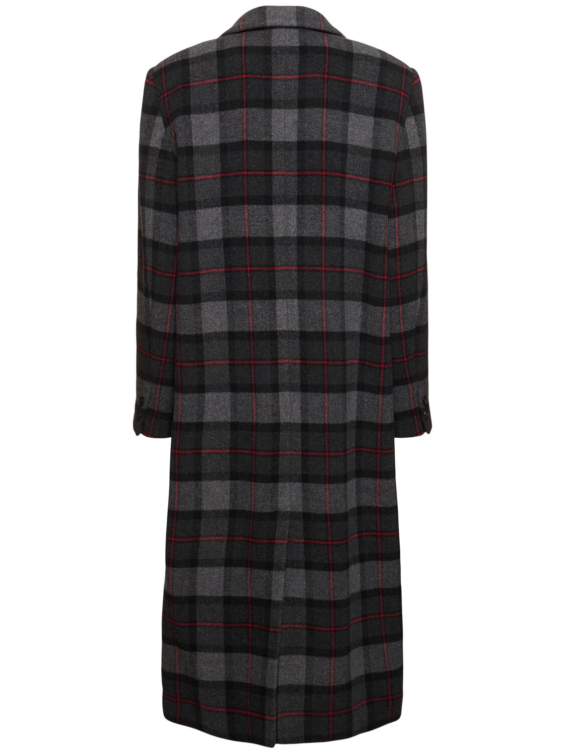 Shop Msgm Tartan Wool Blend Felt Long Coat In Grey/black