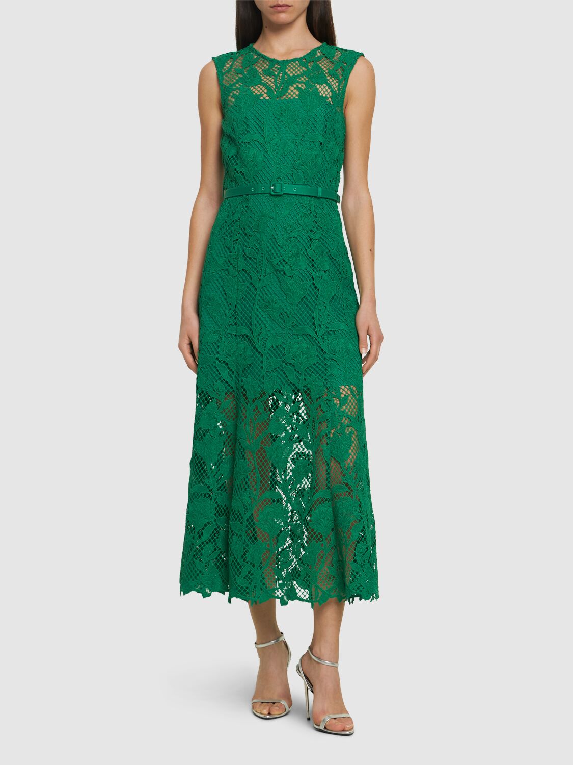 Shop Self-portrait Lace Sleeveless Midi Dress In Green