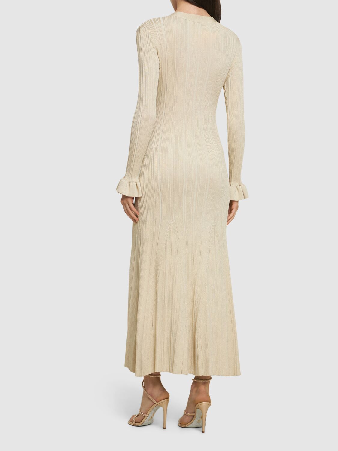 Shop Self-portrait Ribbed Viscose Lamé Midi Dress In White