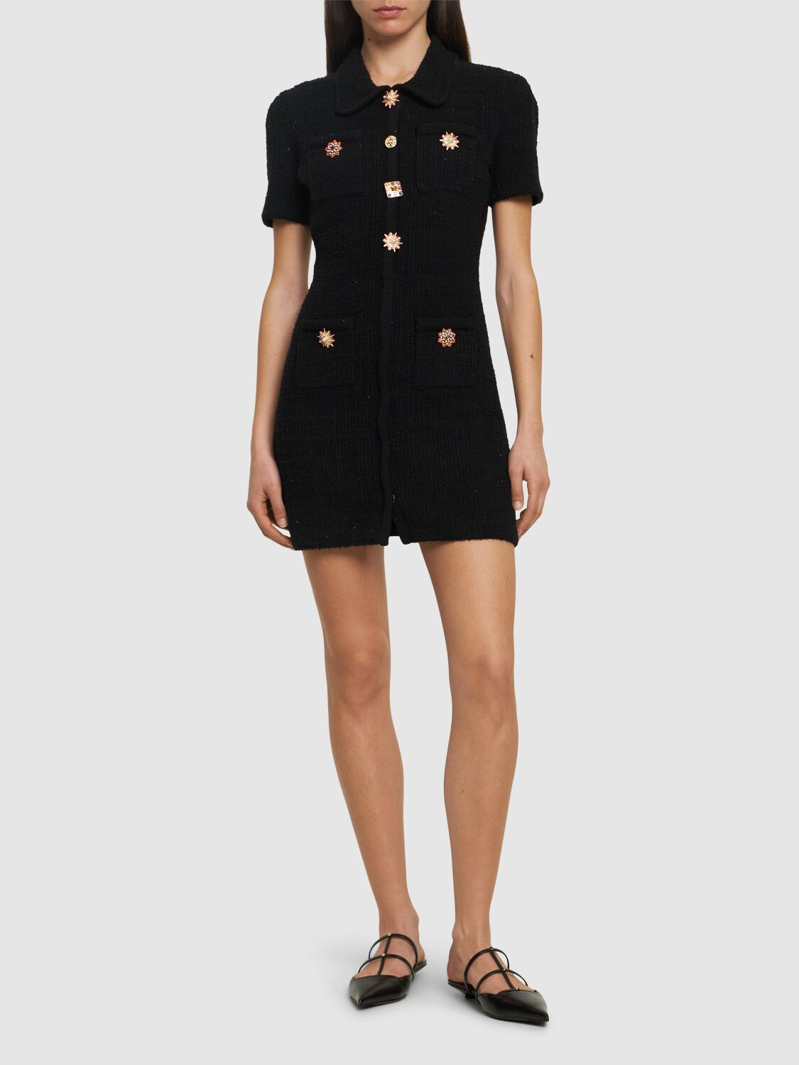 Shop Self-portrait Embellished Knit Button Down Mini Dress In Black