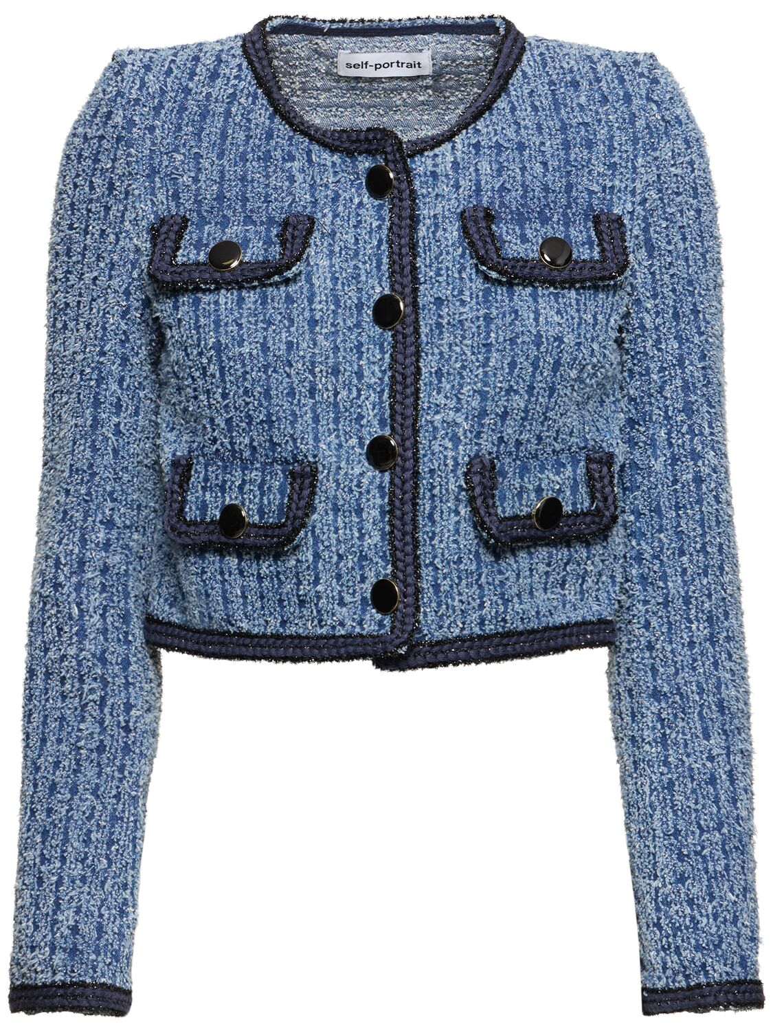 Self-portrait Textured Cotton Denim Jacket In Blue