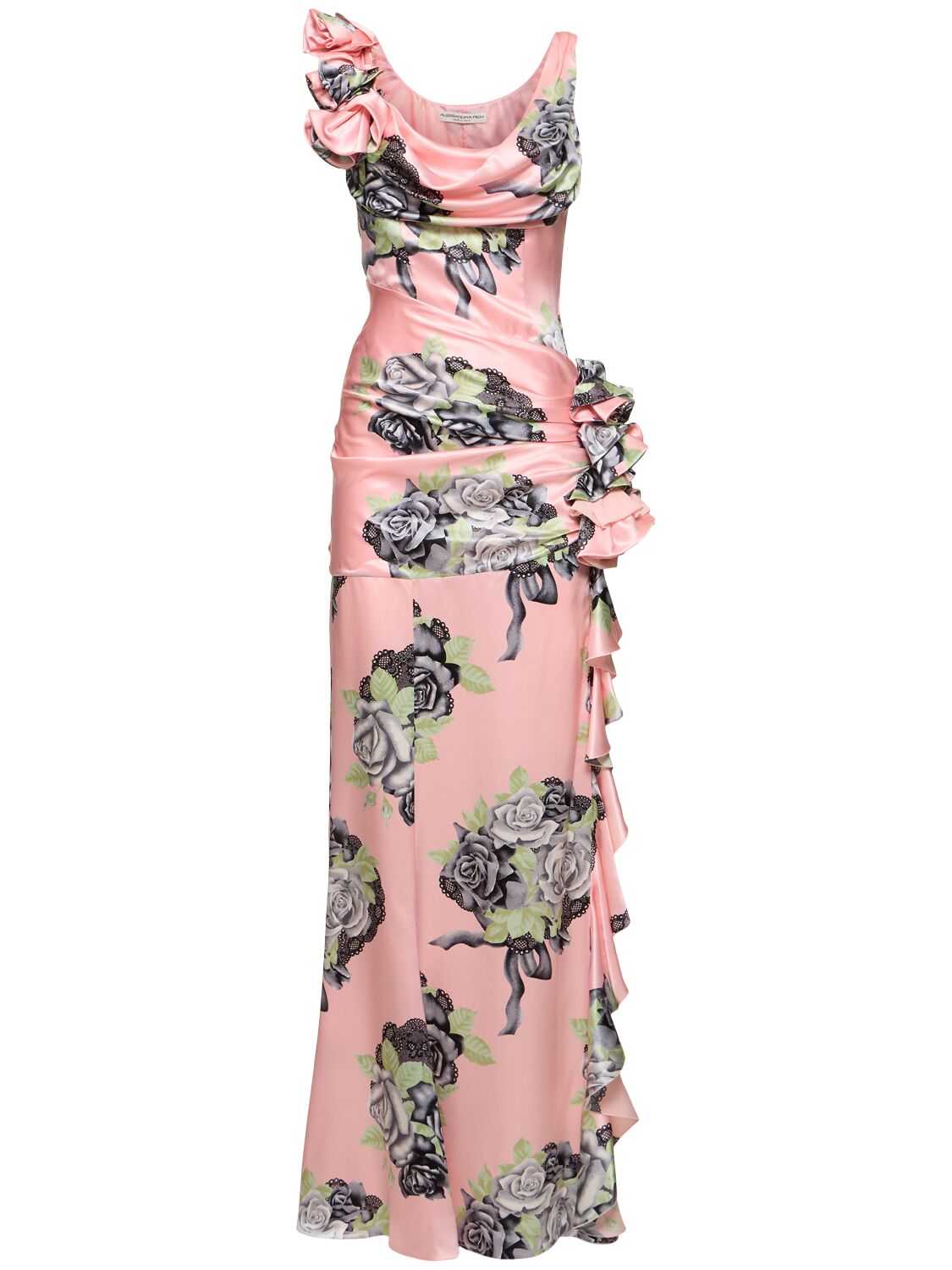 Alessandra Rich Rose Print Silk Satin Evening Dress In Pink