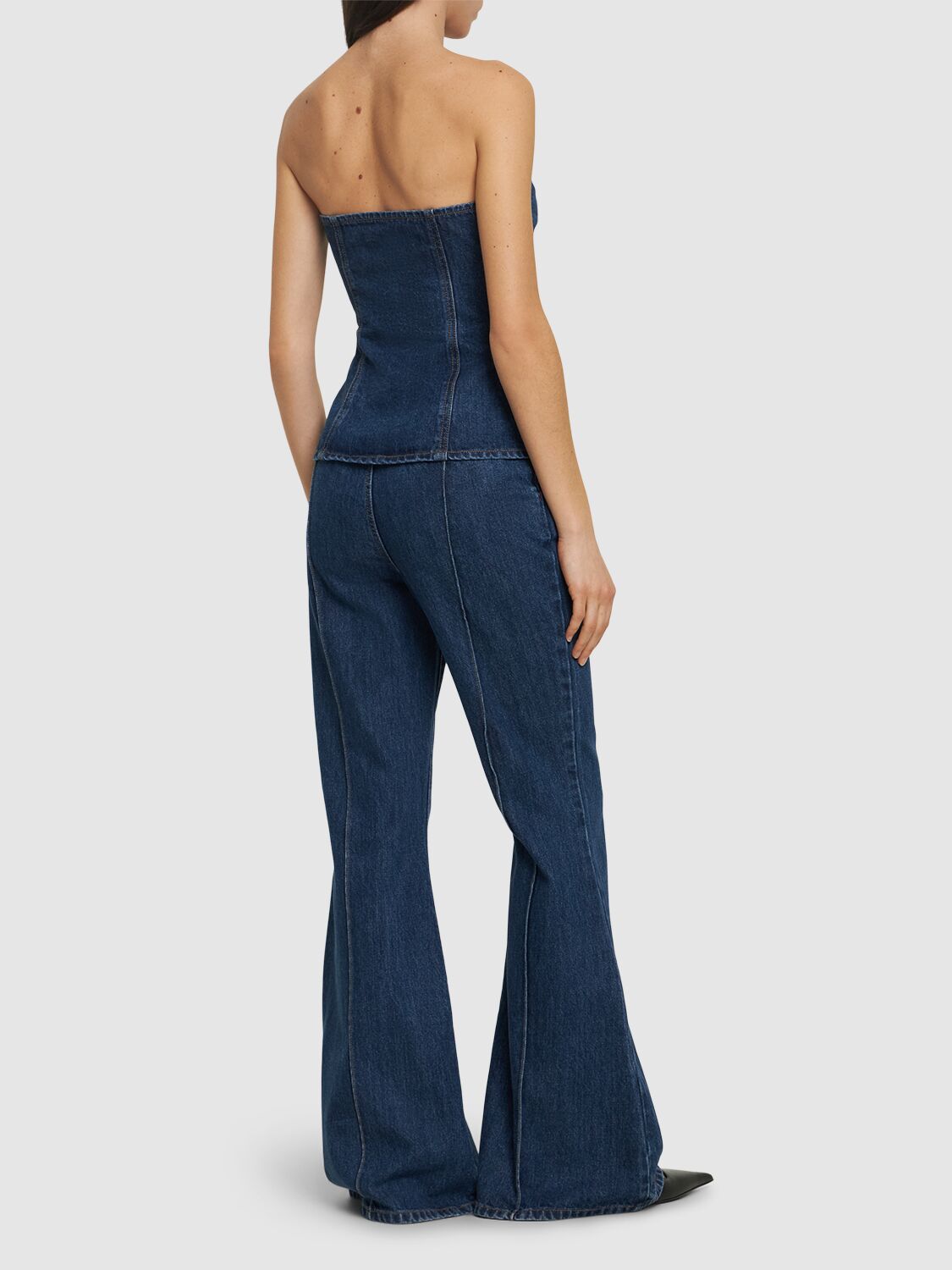 Shop Self-portrait Denim Bandeau Jumpsuit In Blue