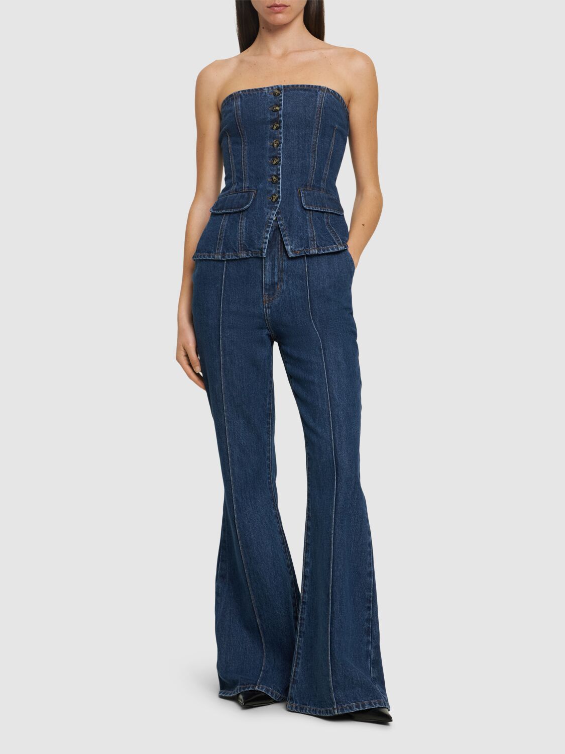 Shop Self-portrait Denim Bandeau Jumpsuit In Blue