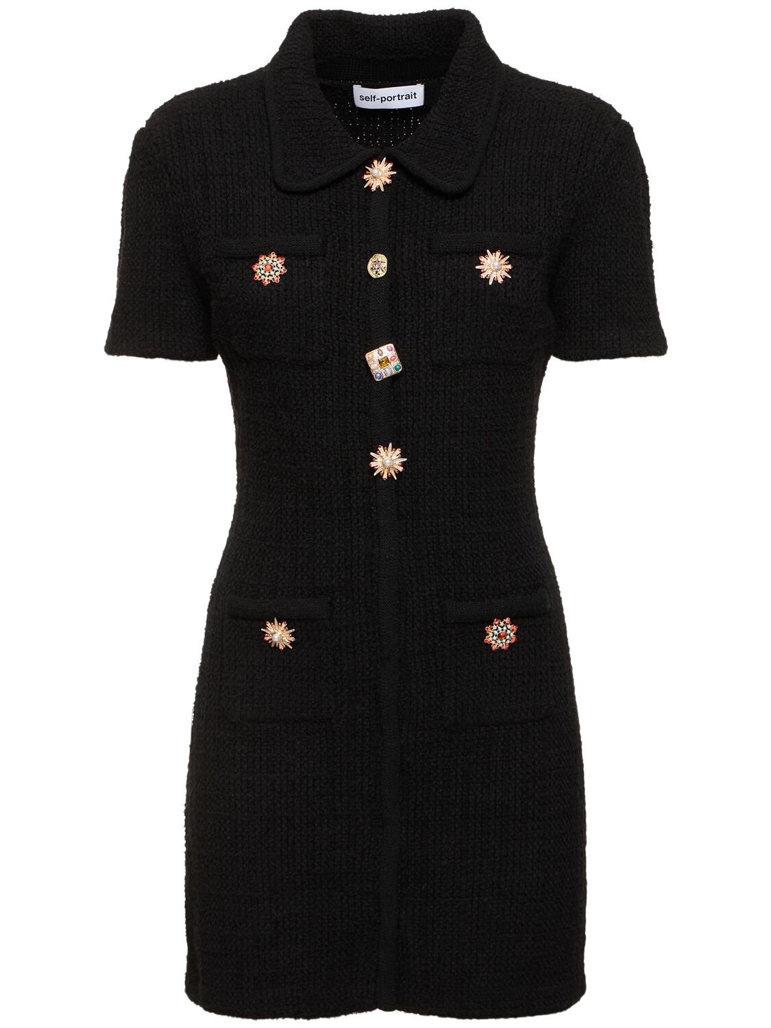 Self-portrait Embellished Knit Button Down Mini Dress In Black