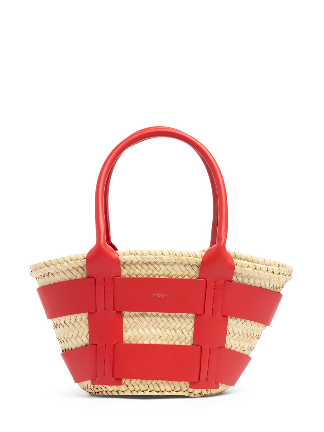 Demellier Mini Santorini Raffia Tote Bag In Natural,pop Red