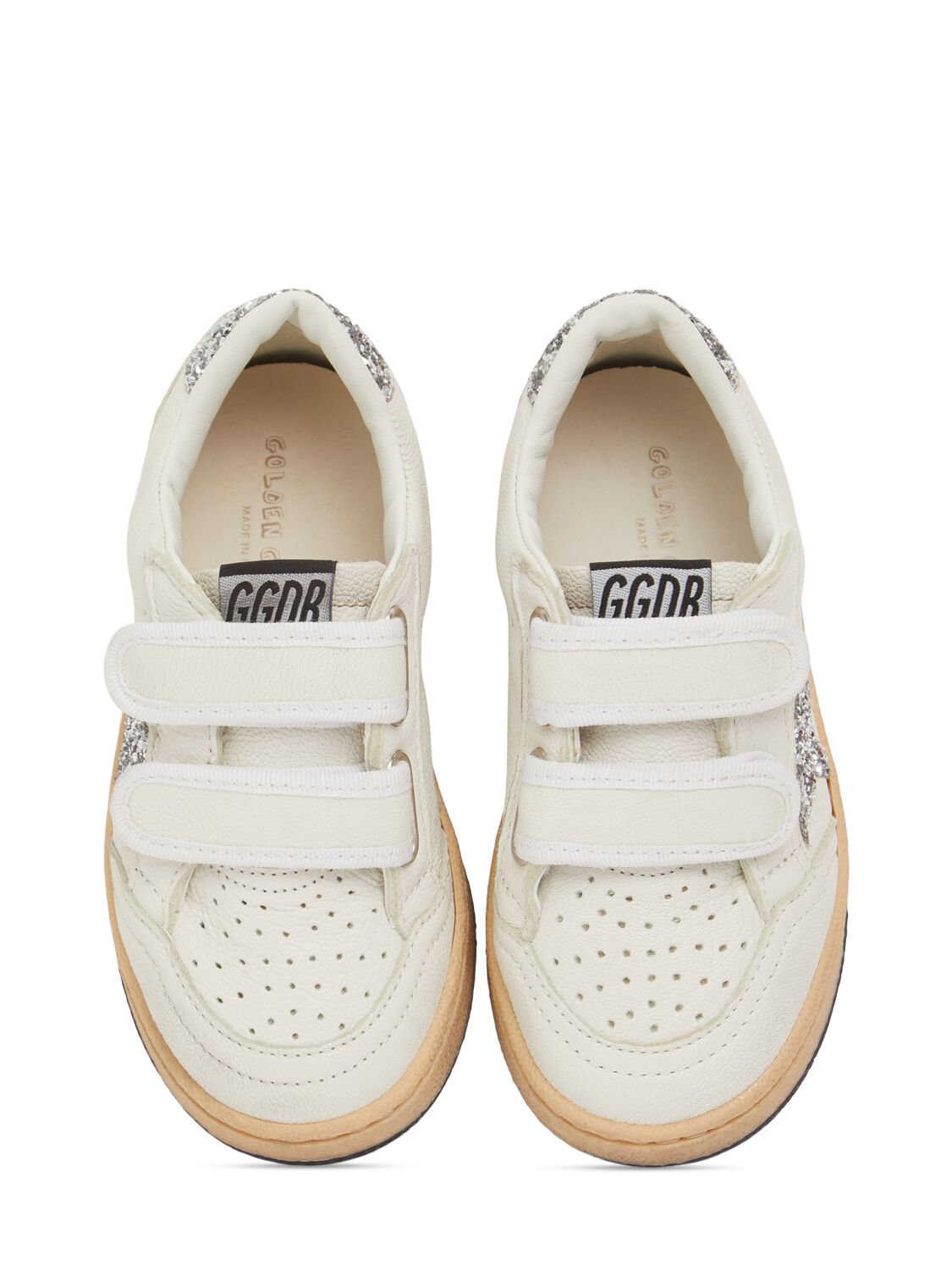 Shop Golden Goose Ballstar Glitter Leather Strap Sneakers In White/silver