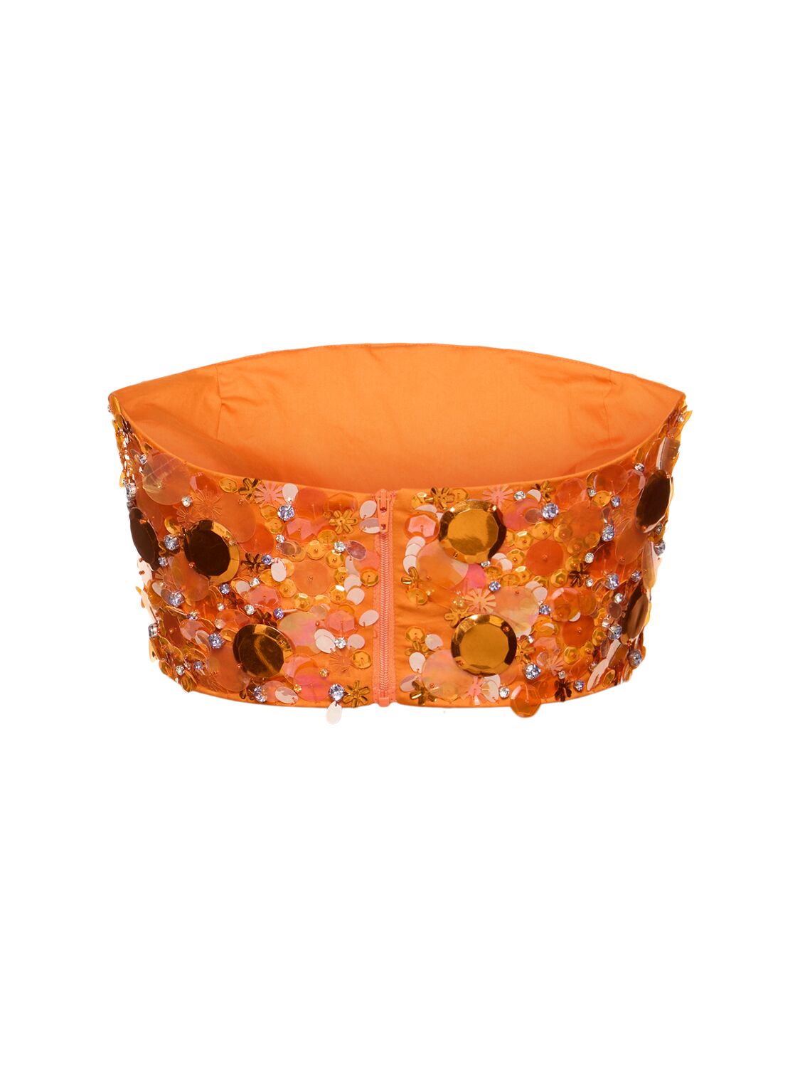 Shop Des Phemmes Sequined Satin Strapless Crop Top In Orange