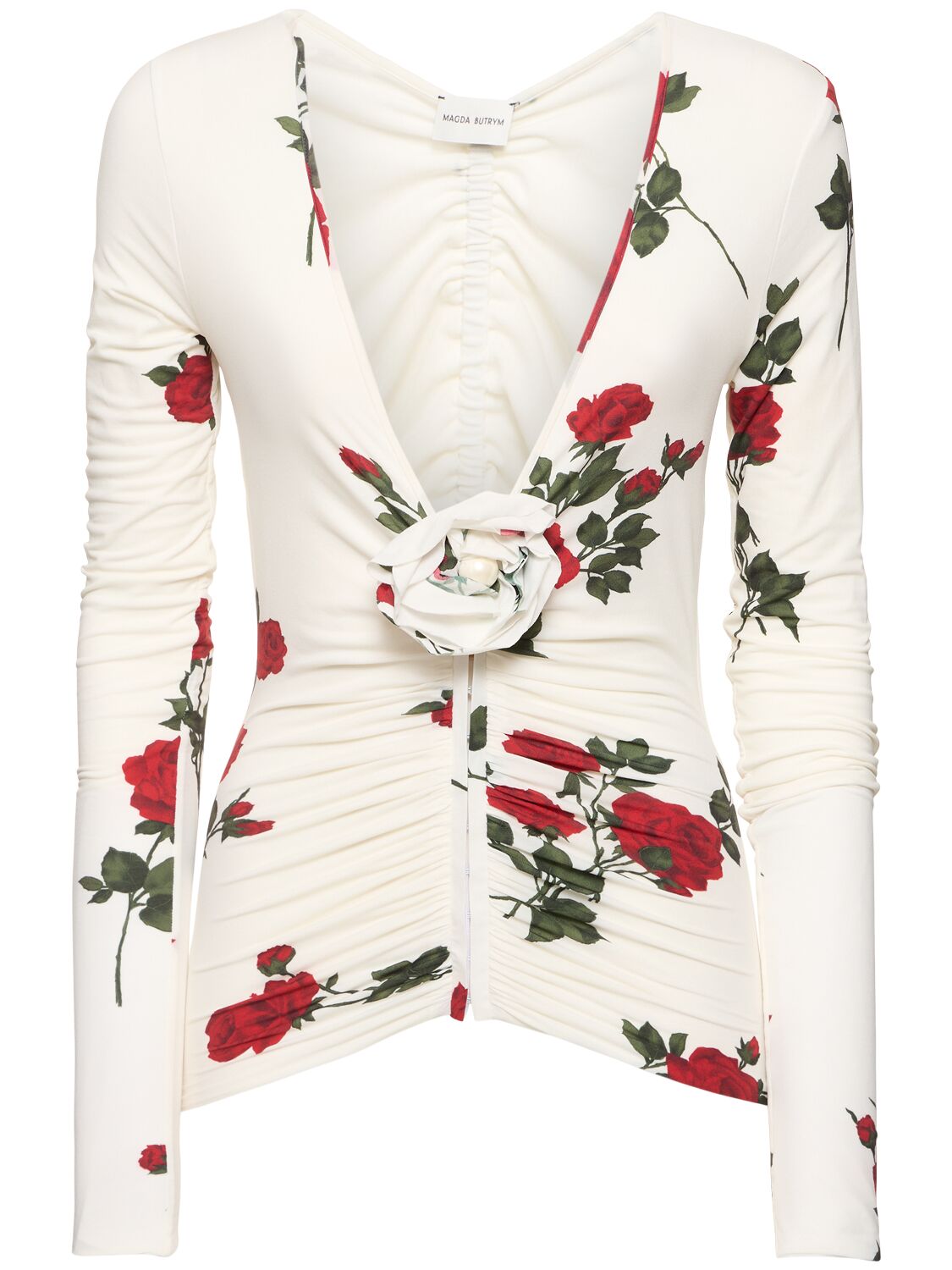 Magda Butrym Rose Printed Jersey Long Sleeve Top In White,multi