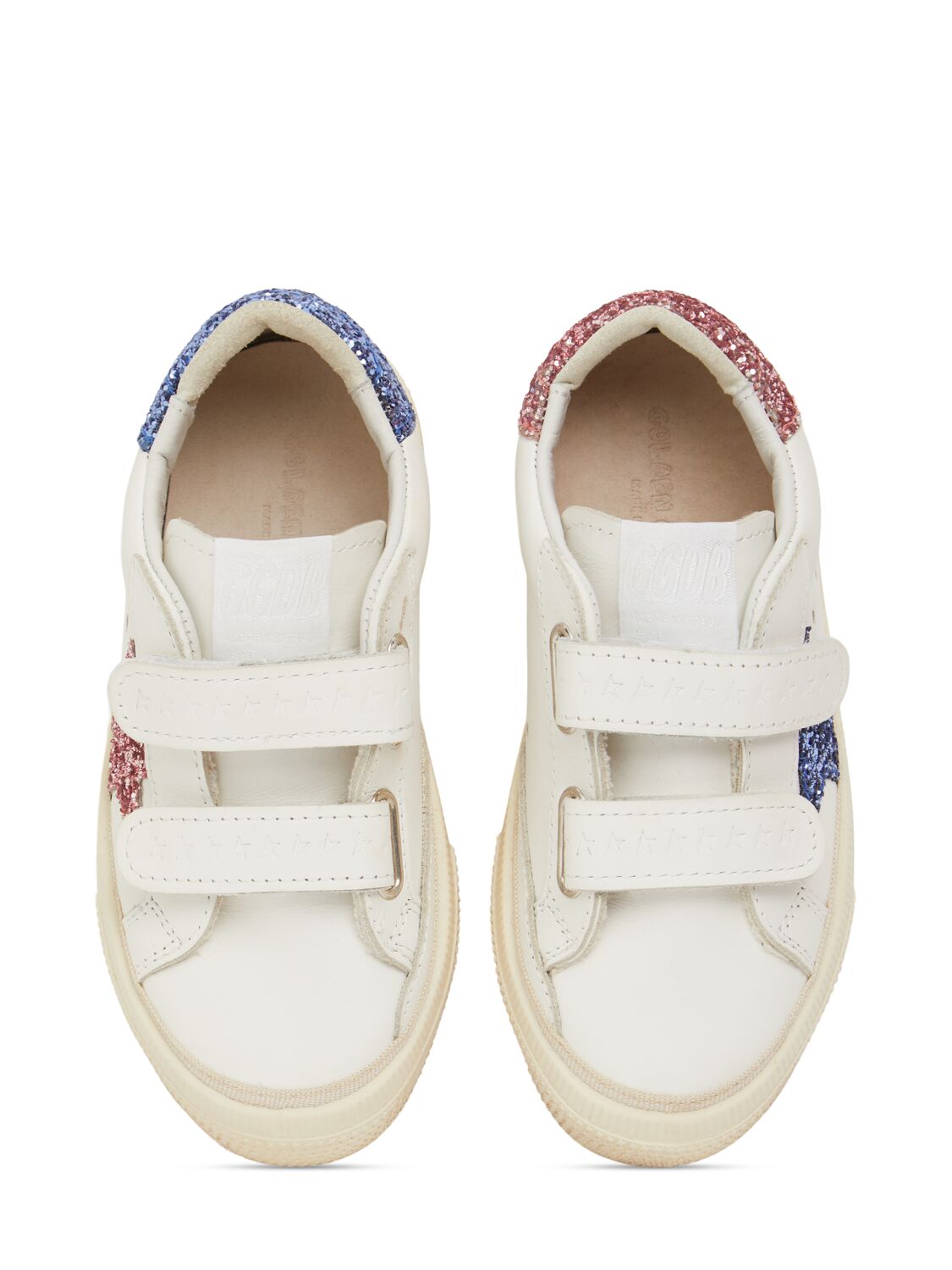 Shop Golden Goose May School Glitter Leather Sneakers In White/blue/pink