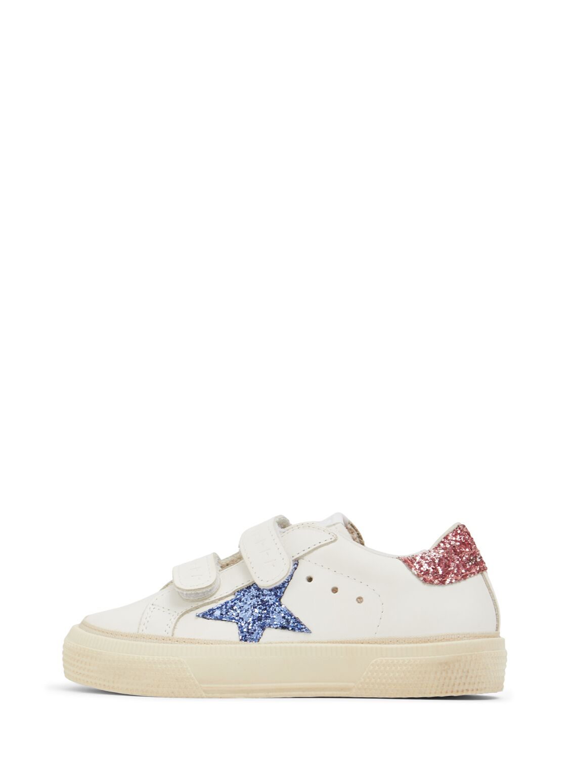 Shop Golden Goose May School Glitter Leather Sneakers In White/blue/pink