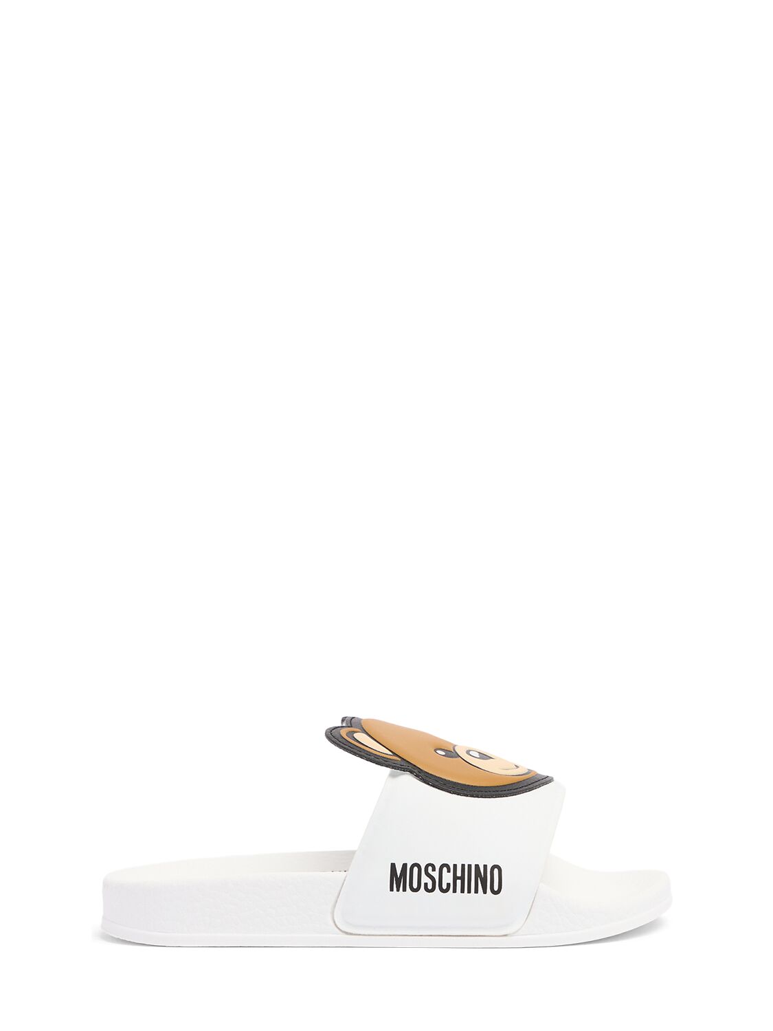 Moschino Kids' Logo Print Rubber Slide Sandals W/ Patch In White