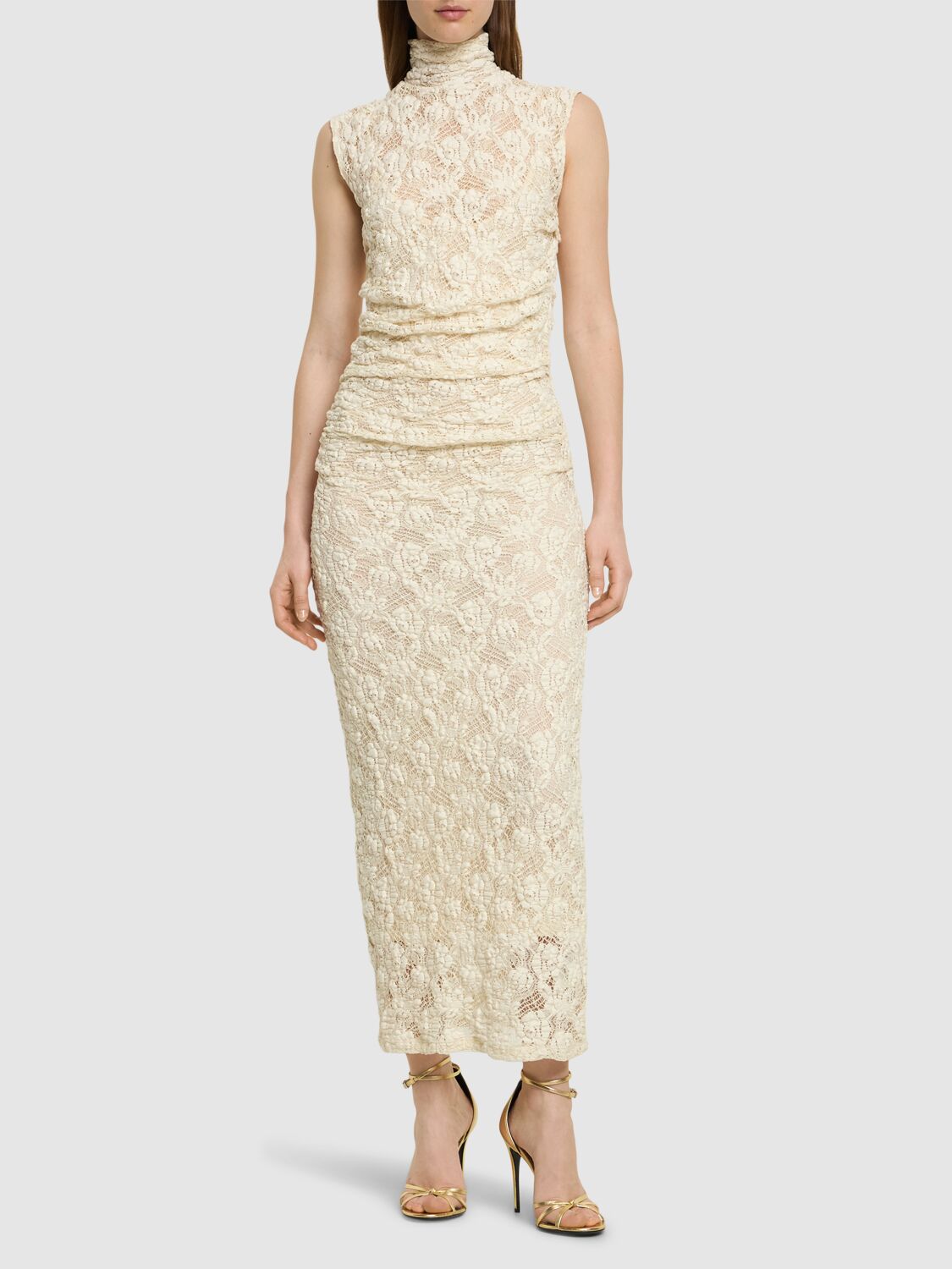 Msgm Openwork Turtleneck Long Dress In White