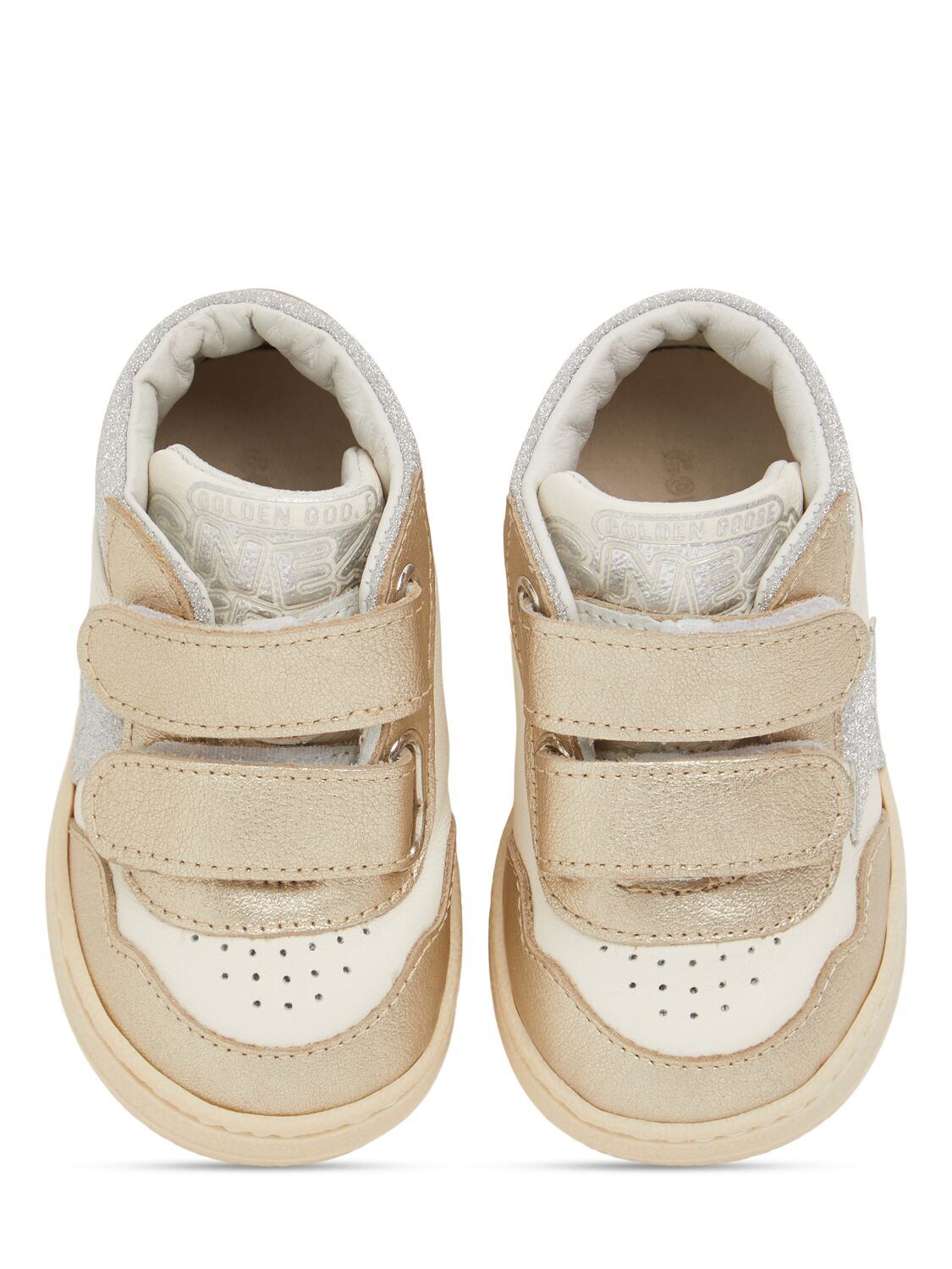 Shop Golden Goose June Laminated Leather Pre-walker Shoes In White/gold