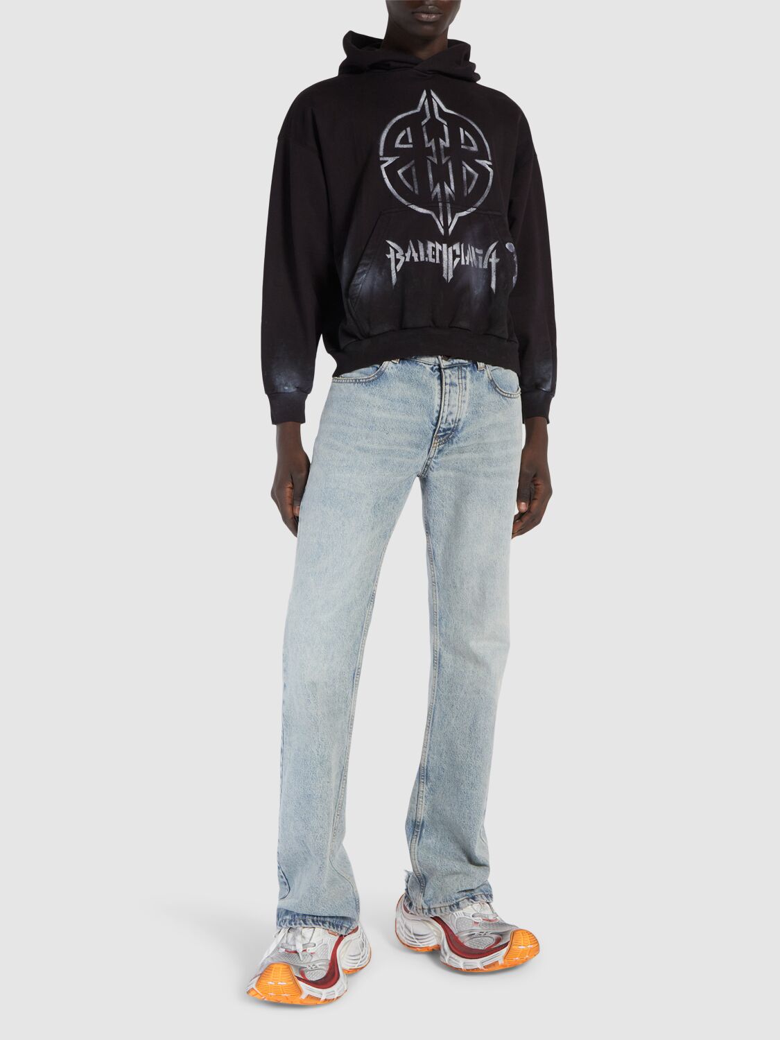 Shop Balenciaga Metal Bb Stencil Vintage Cotton Hoodie In Washed Black,wh