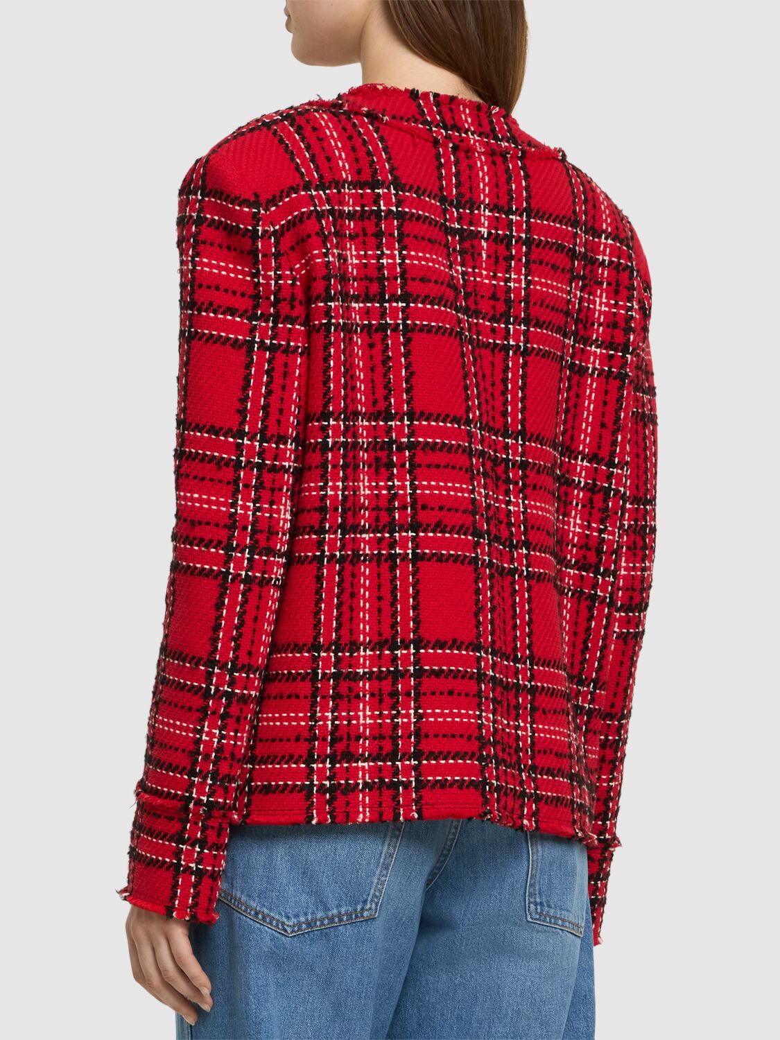 Shop Msgm Tartan Cotton Tweed Jacket In Red/black