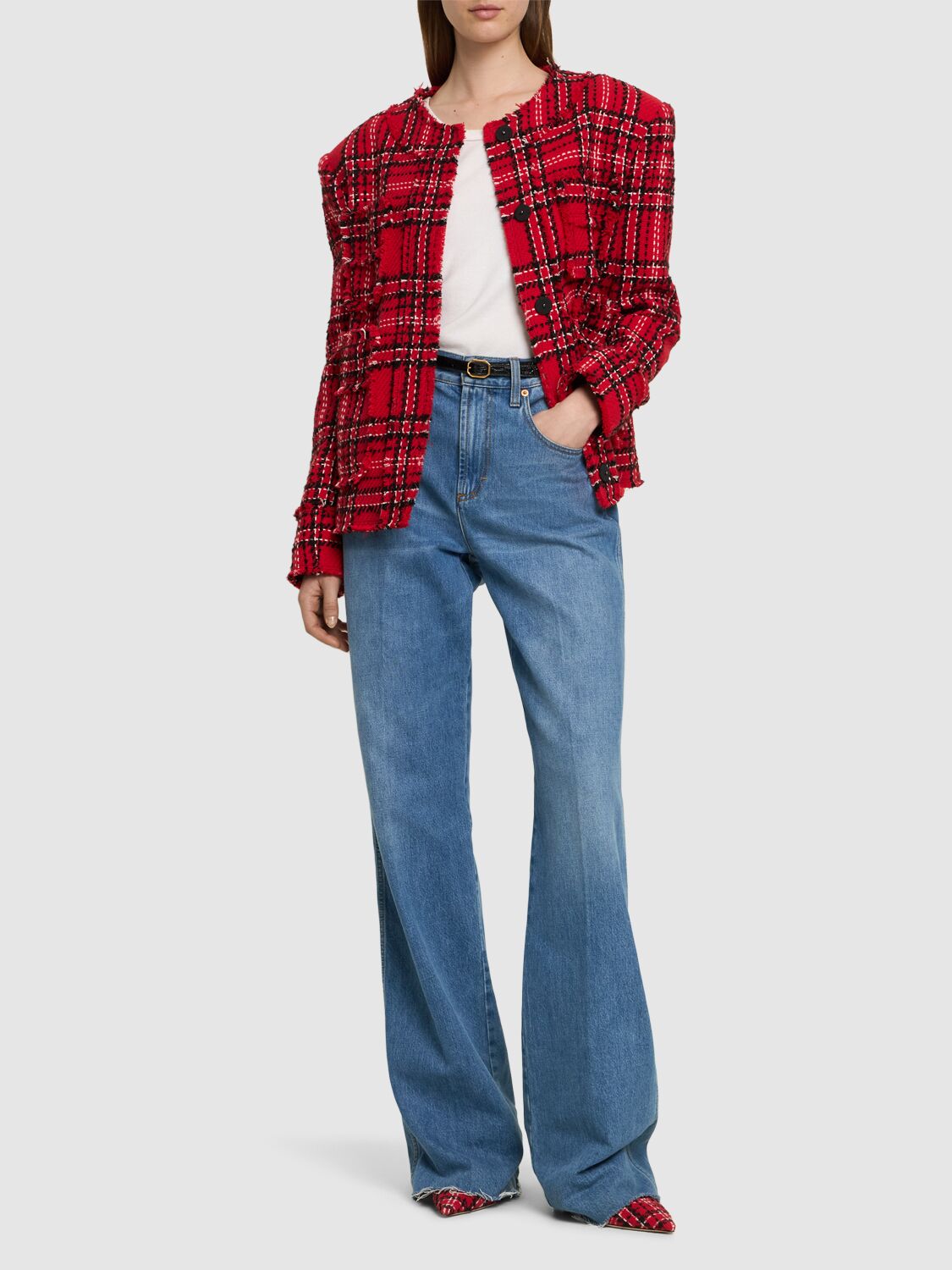 Shop Msgm Tartan Cotton Tweed Jacket In Red/black