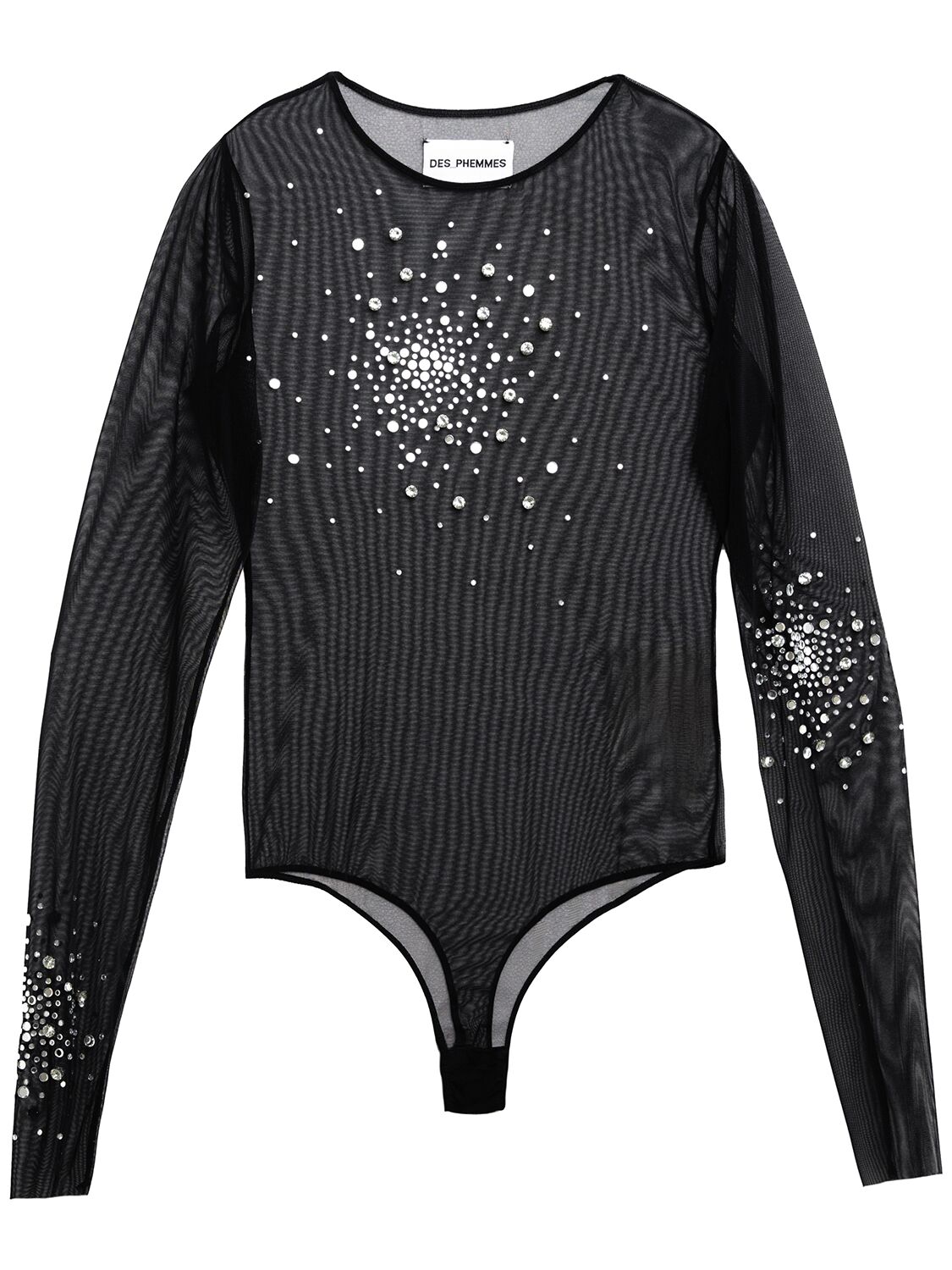 Des Phemmes Crystal Stretch Tulle Bodysuit In Black