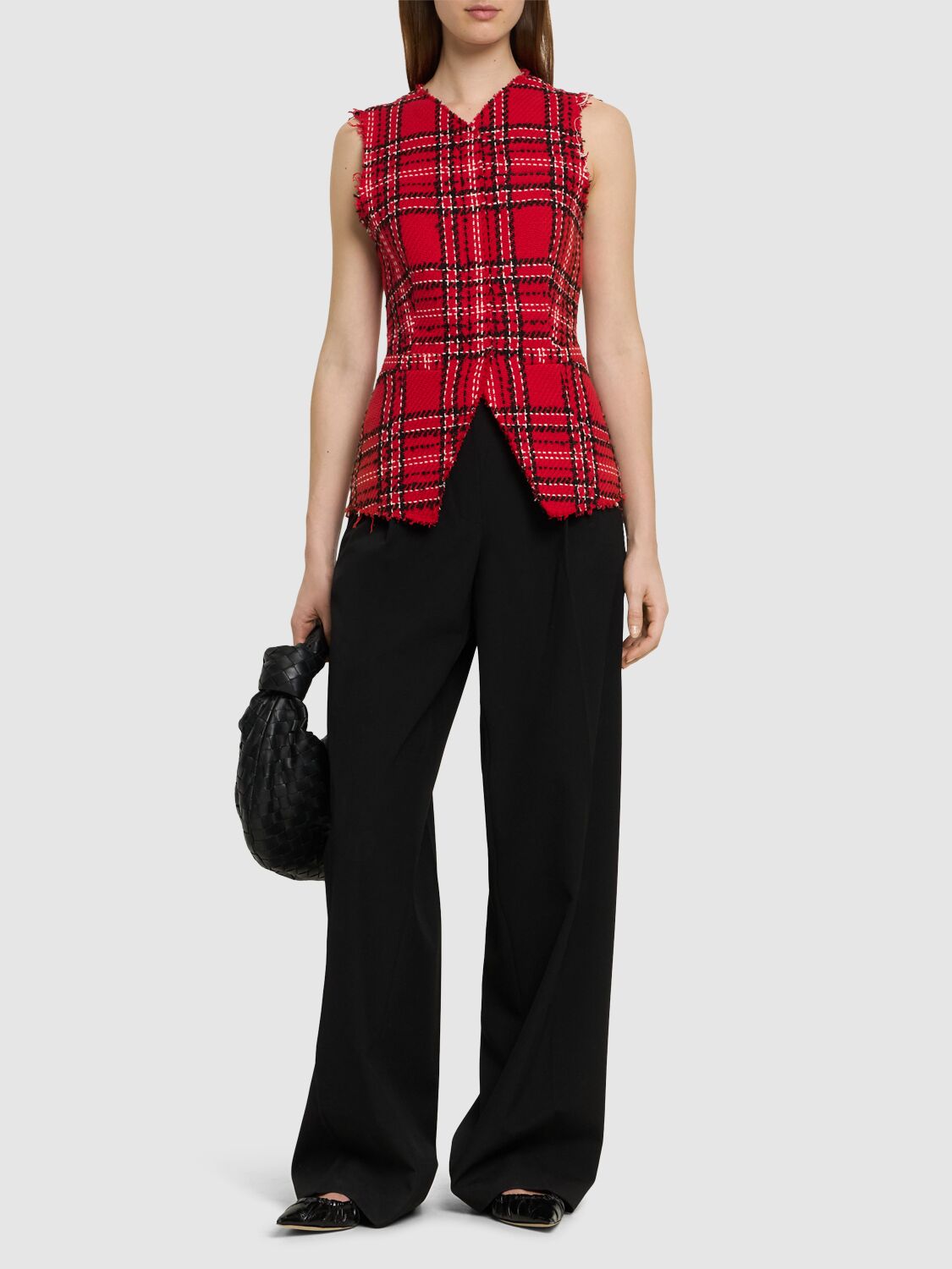 Shop Msgm Tartan Cotton Tweed Vest In Red/black