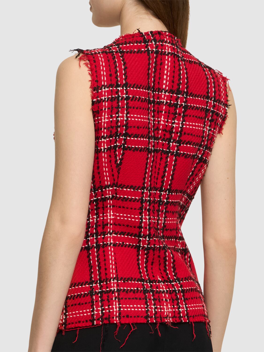 Shop Msgm Tartan Cotton Tweed Vest In Red/black