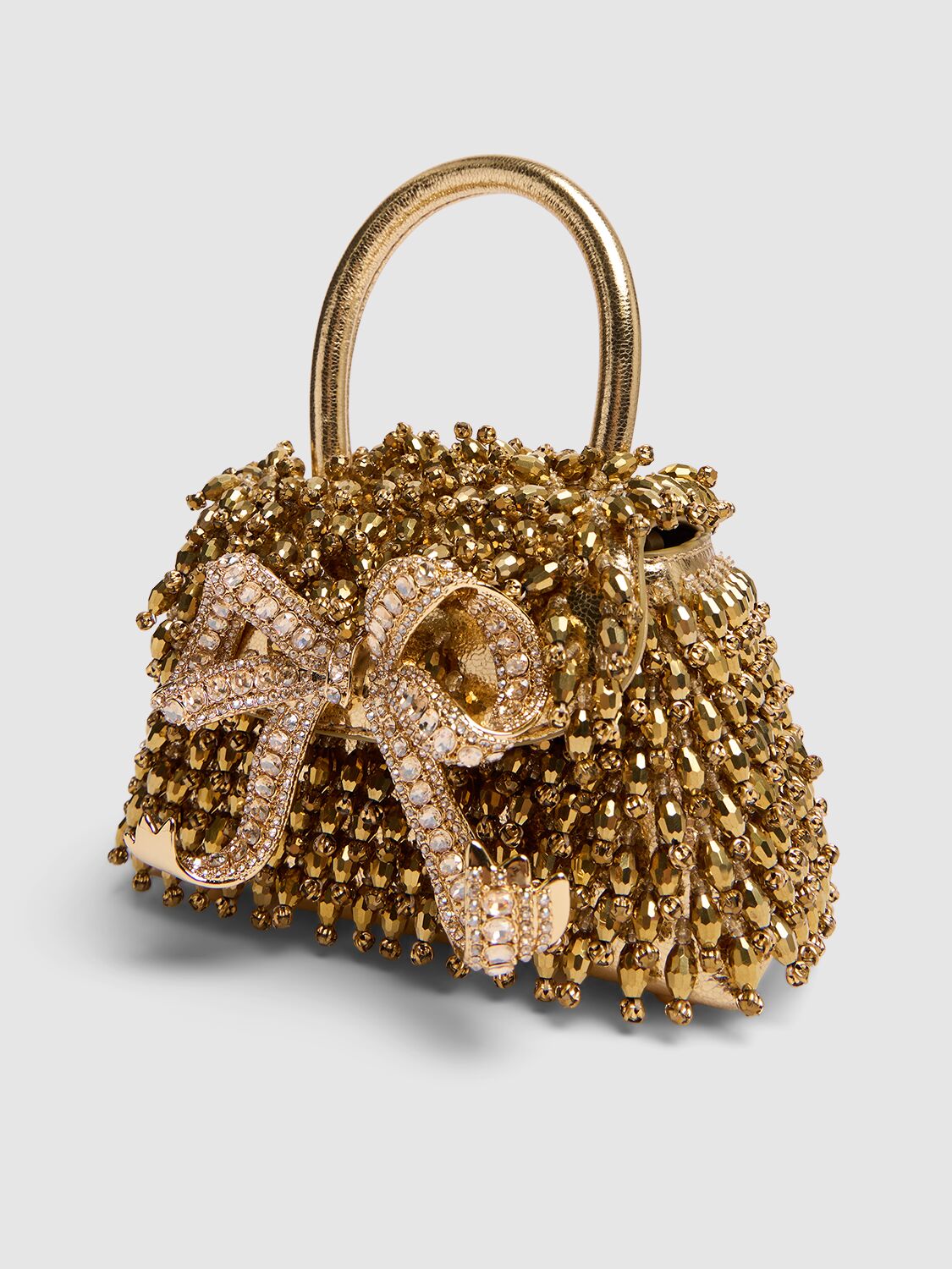 Shop Self-portrait Micro Crystal Embroidery Top Handle Bag In Gold