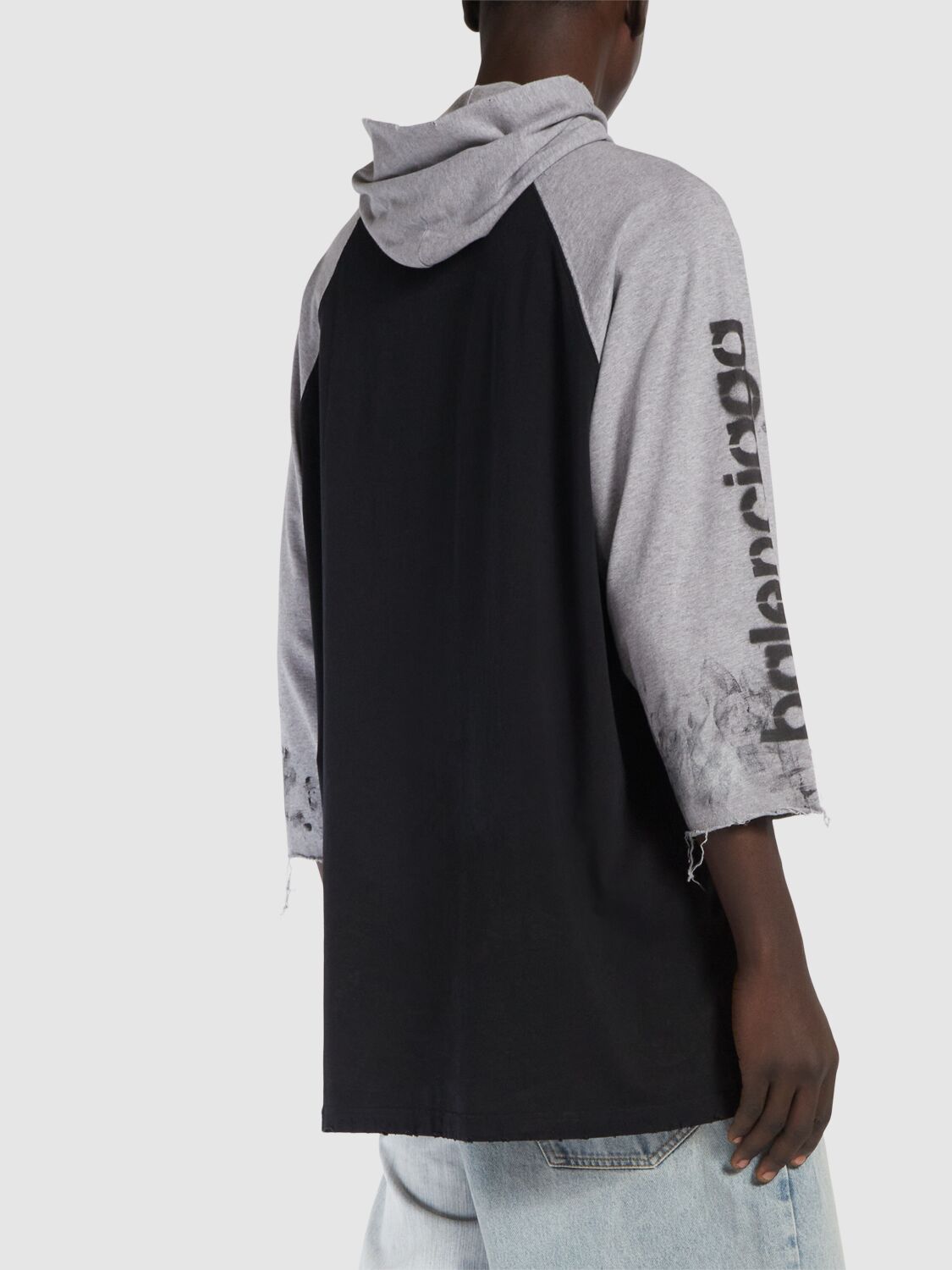 Shop Balenciaga 3b Stencil Hooded Stretch Cotton T-shirt In Washed Black