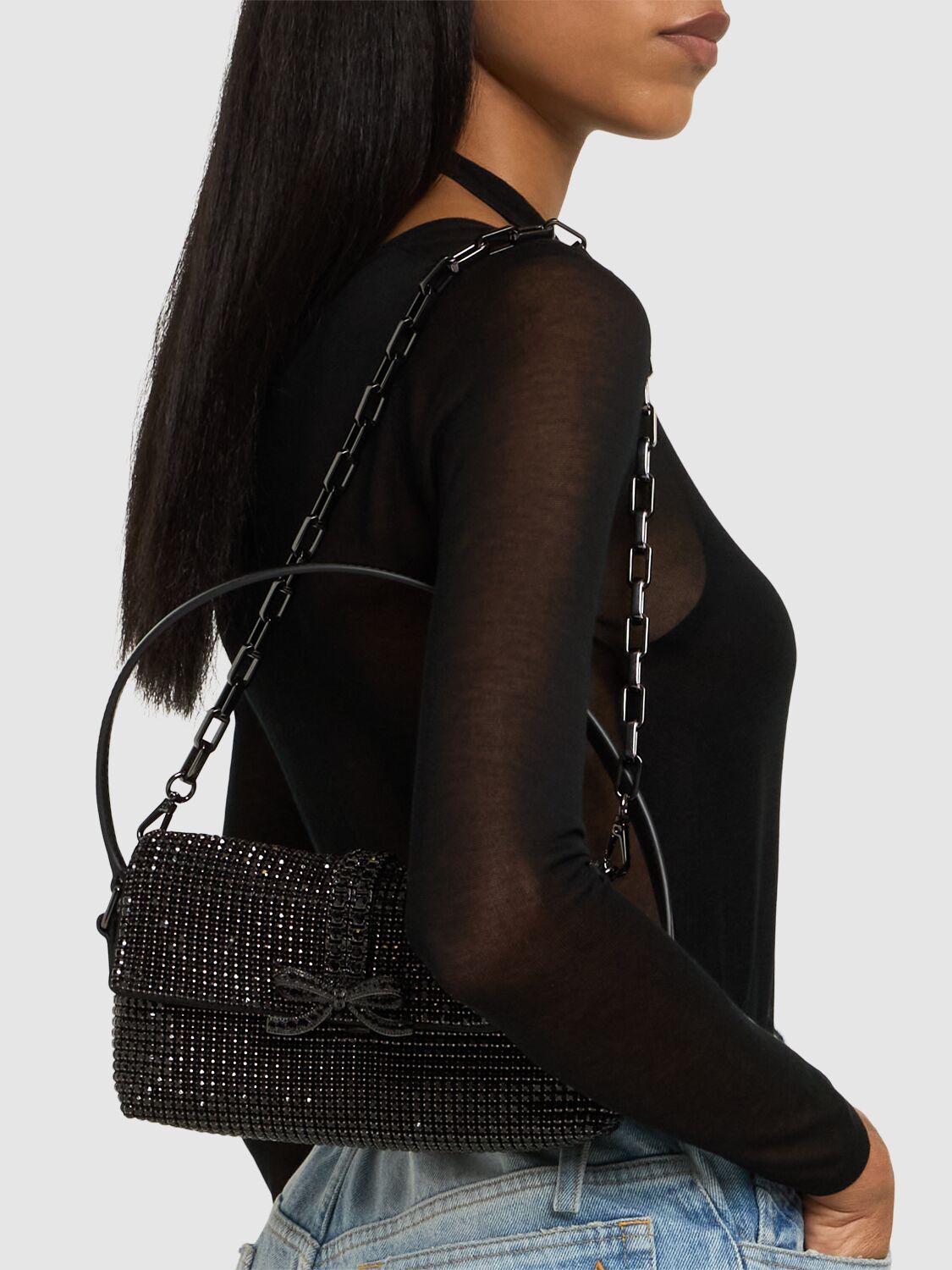 Shop Self-portrait Chainmail Crystal Shoulder Bag In Black