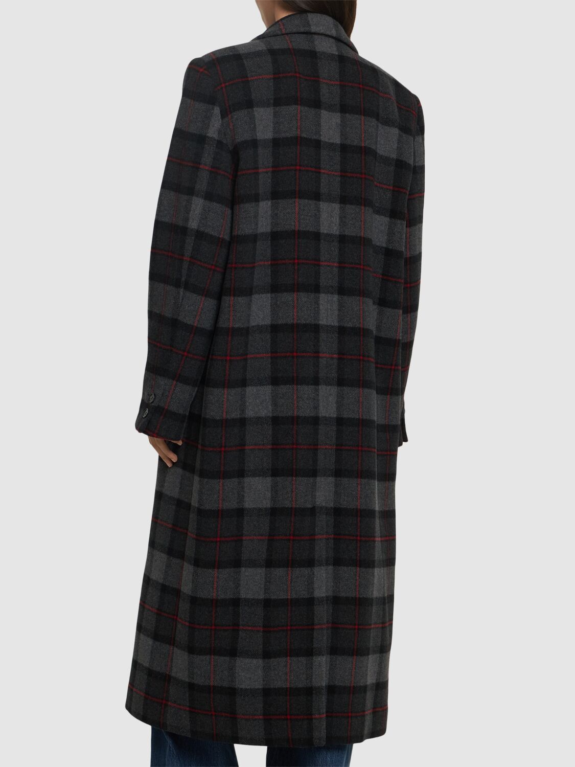 Shop Msgm Tartan Wool Blend Felt Long Coat In Grey/black