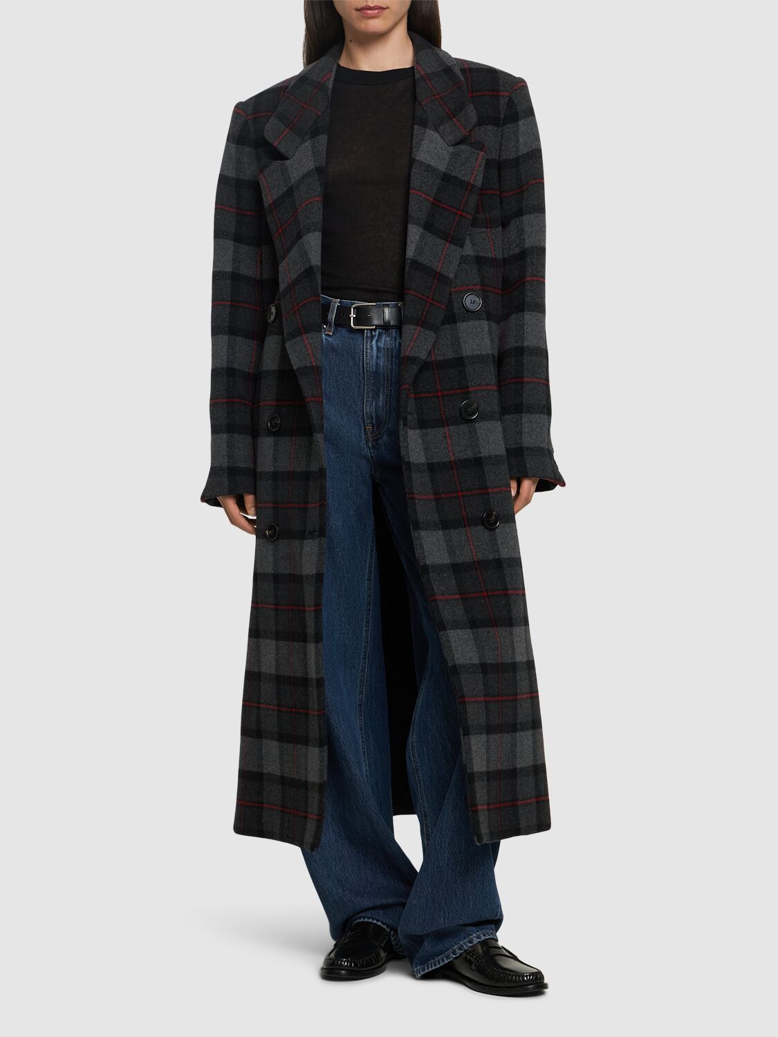 Shop Msgm Tartan Wool Blend Felt Long Coat In Grey/black