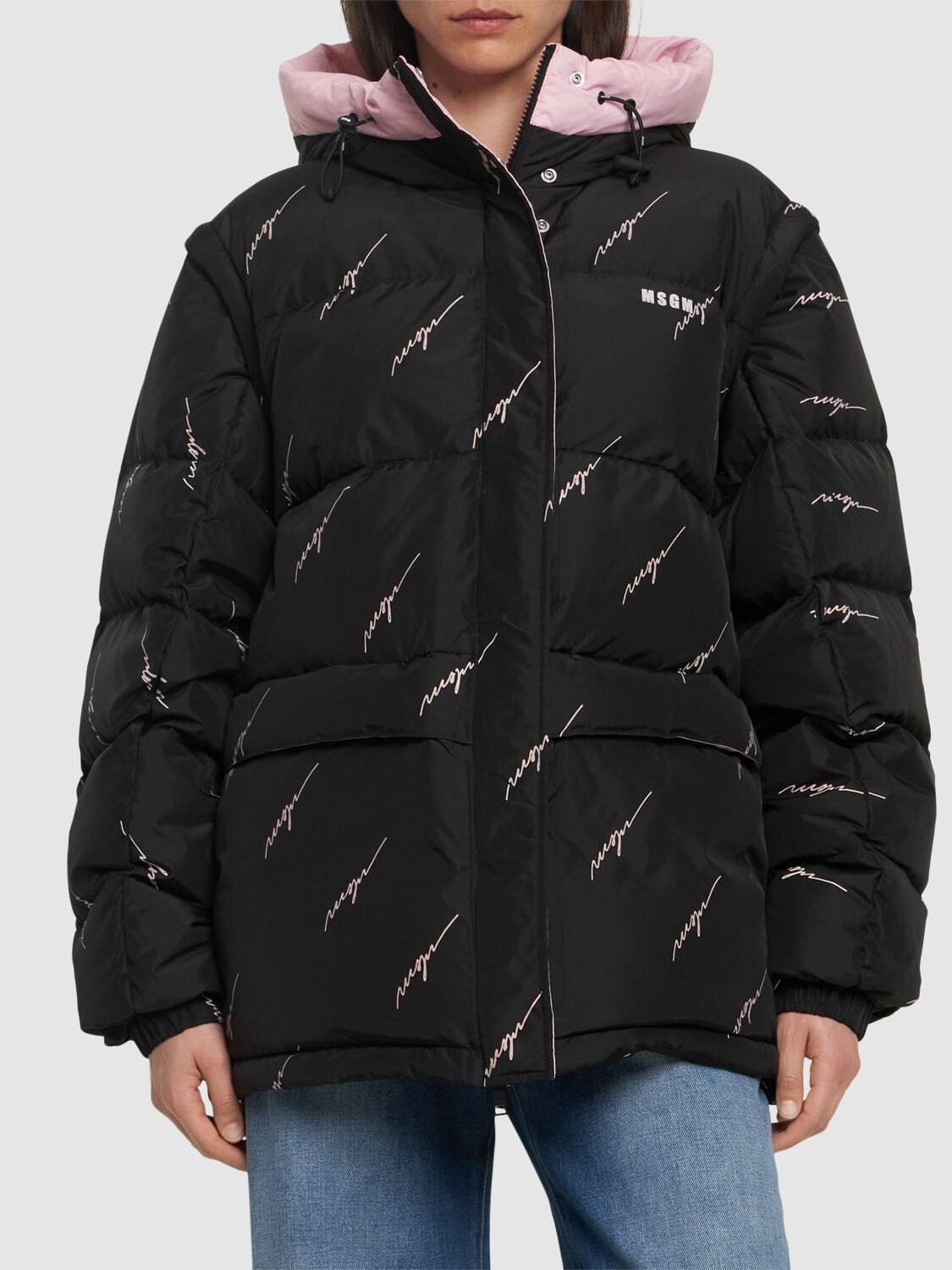 Shop Msgm Printed Down Jacket In Black