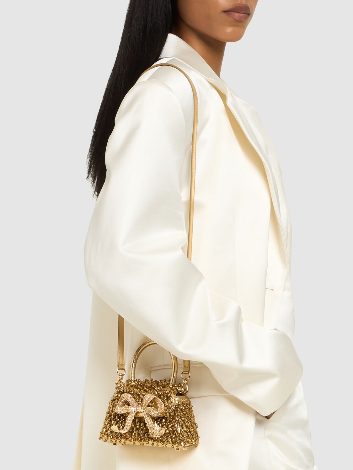 Shop Self-portrait Micro Crystal Embroidery Top Handle Bag In Gold