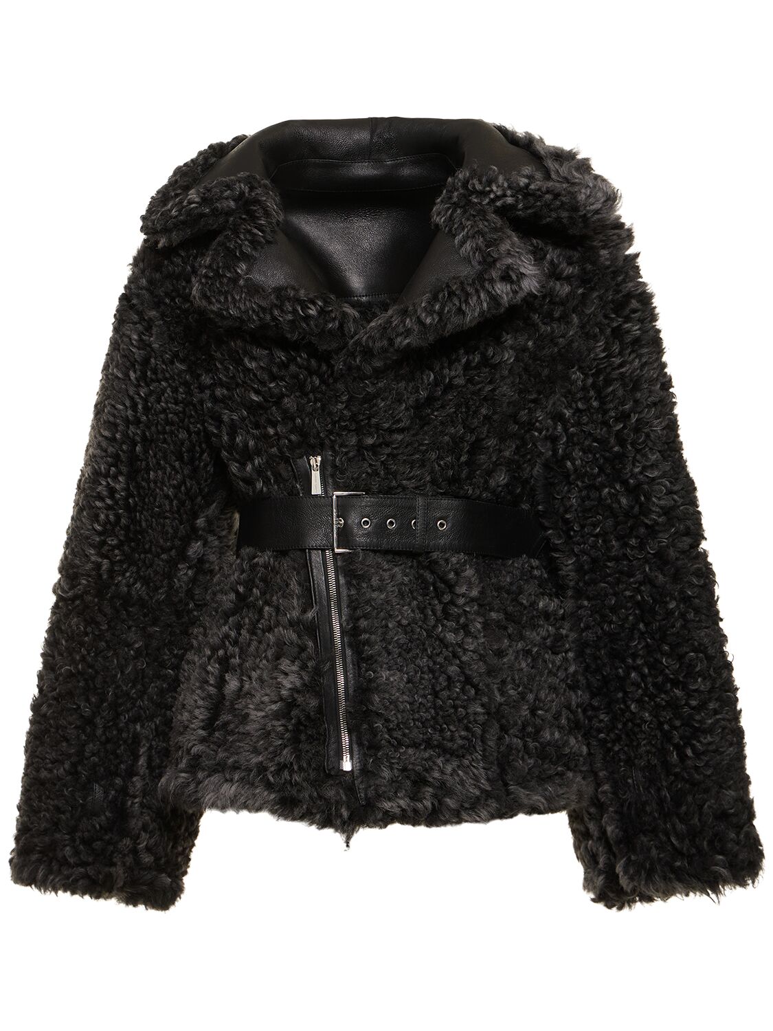 Shop Alberta Ferretti Reversible Shearling Belted Jacket In Black