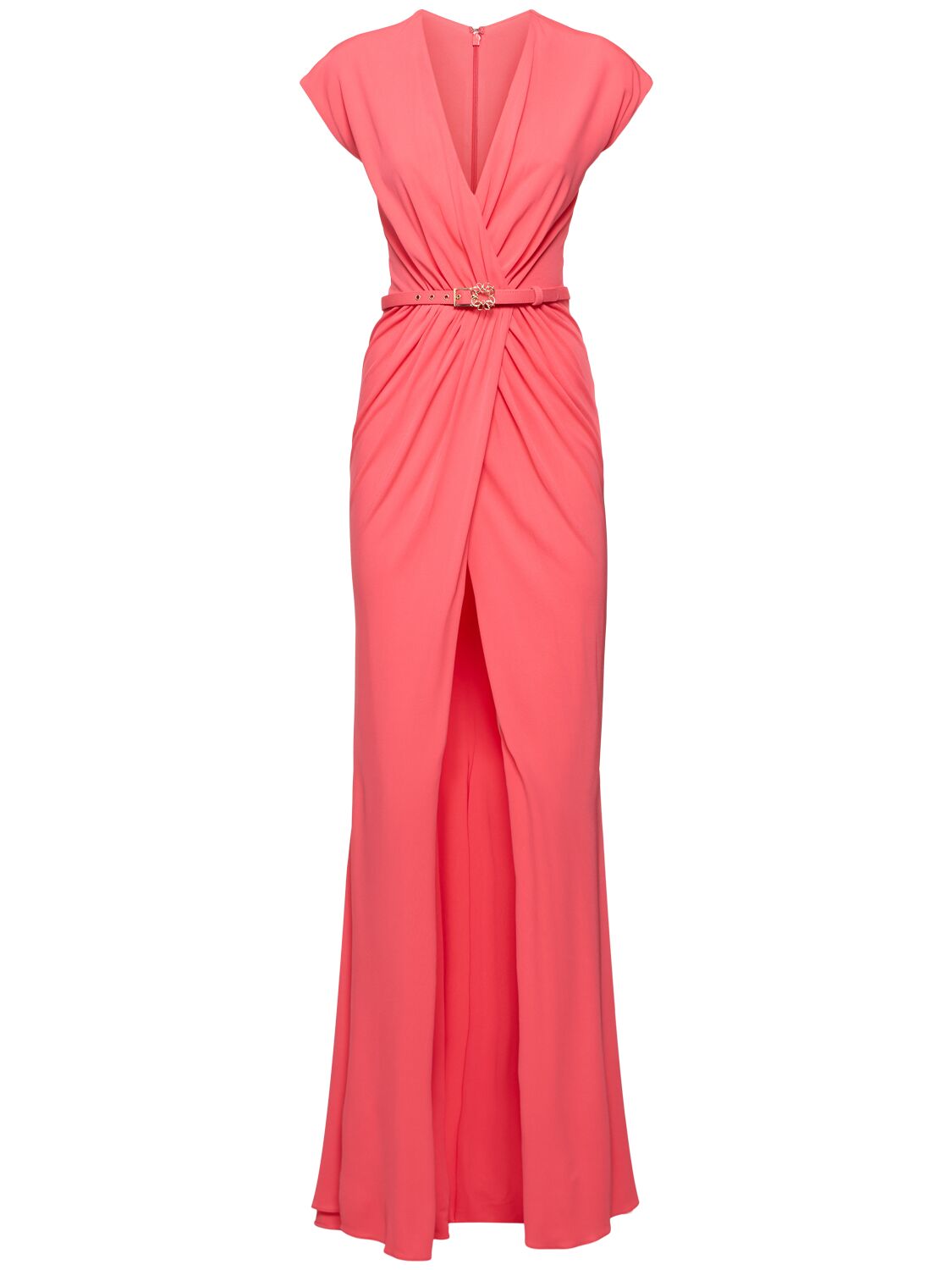 Shop Elie Saab Draped Fluid Jersey V Neck Long Dress In Pink