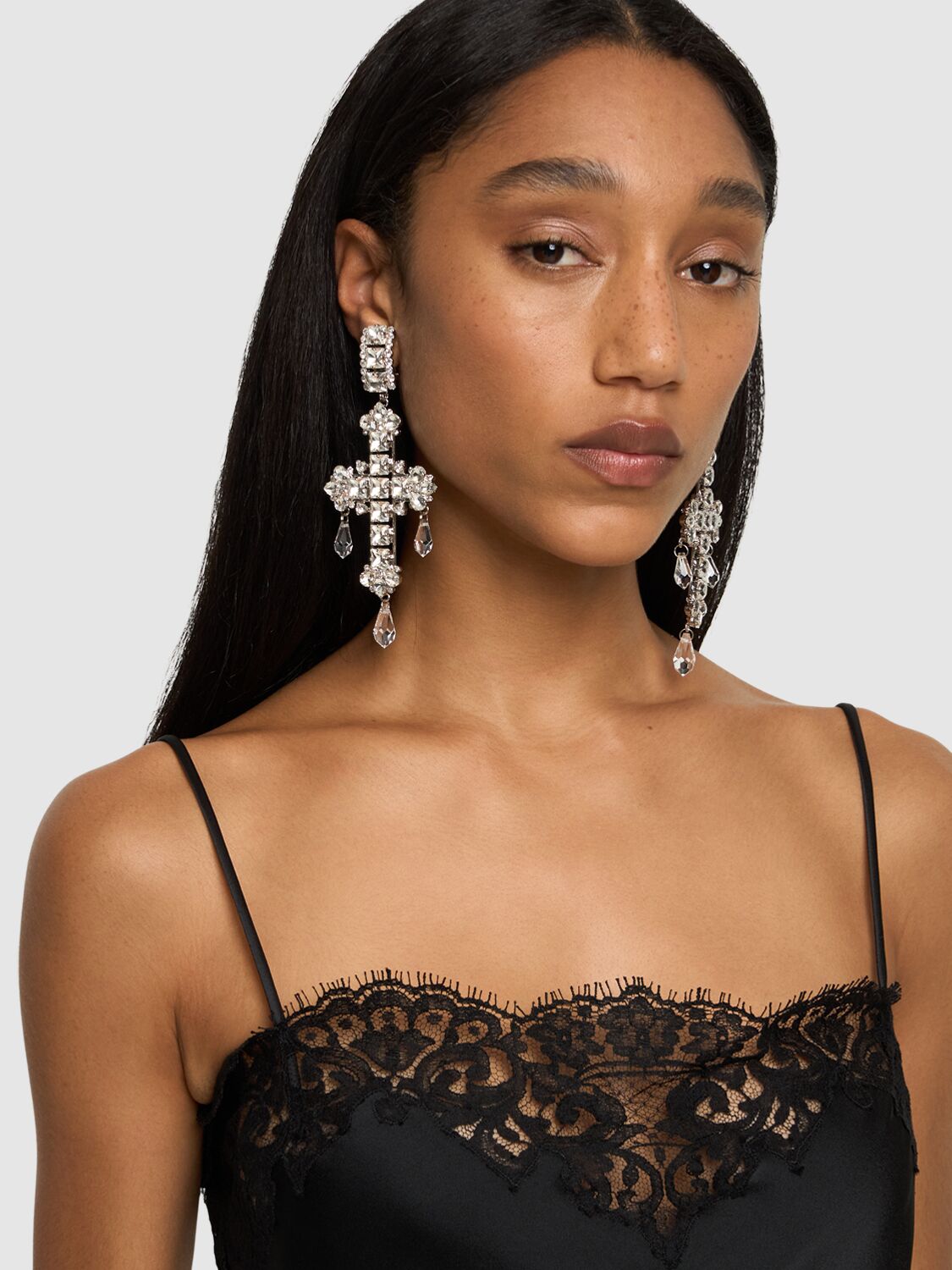 Shop Alessandra Rich Crystal Cross Earrings W/ Drops In Cry-silver