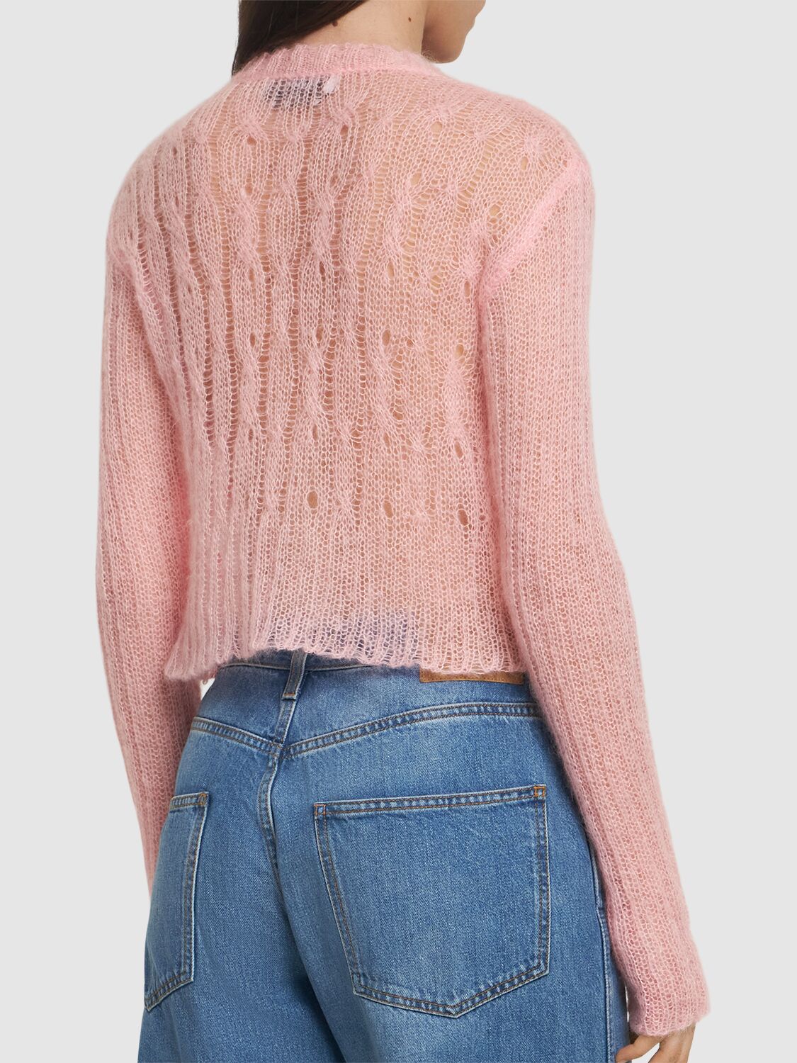 Shop Msgm Open Work Crop Cardigan In Pink