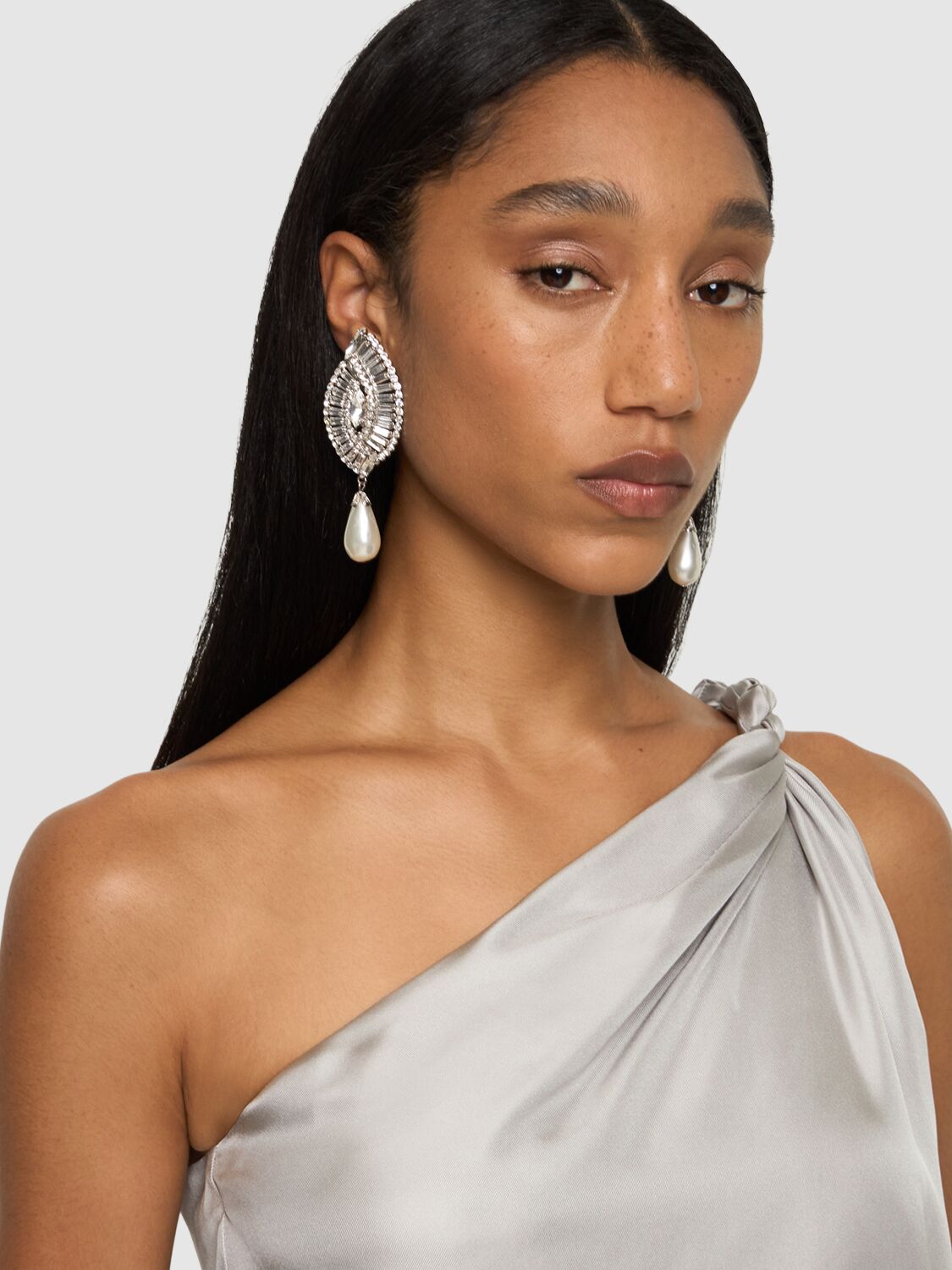 Shop Alessandra Rich Crystal Shell Faux Pearl Earrings In Silver