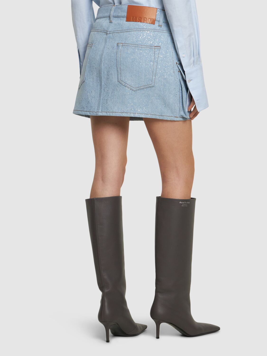 Shop Msgm Silver-coated Denim Cargo Mini Skirt In Blue/silver