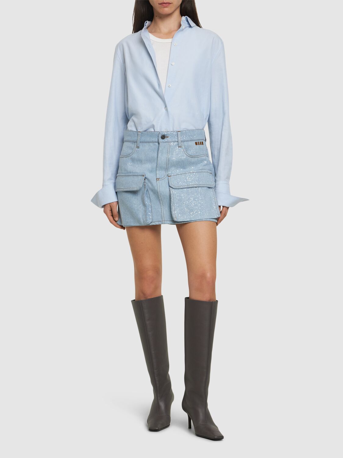 Shop Msgm Silver-coated Denim Cargo Mini Skirt In Blue/silver