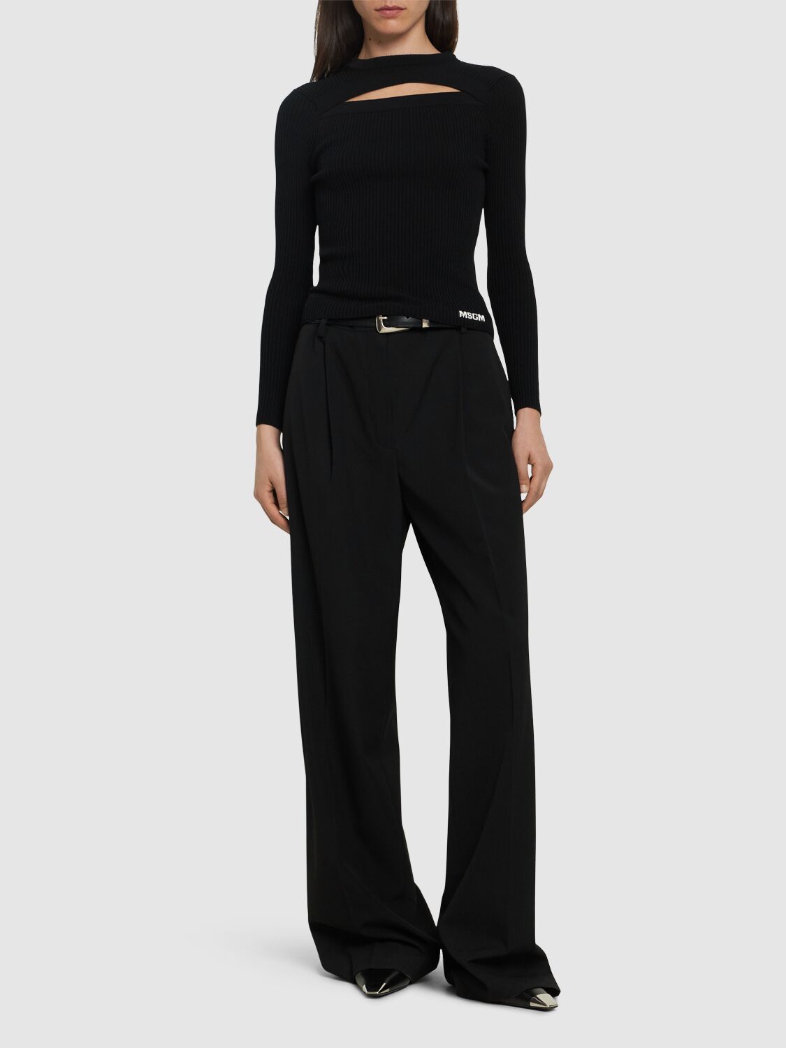 Shop Msgm Viscose Knit Cutout Long Sleeve Top In Black