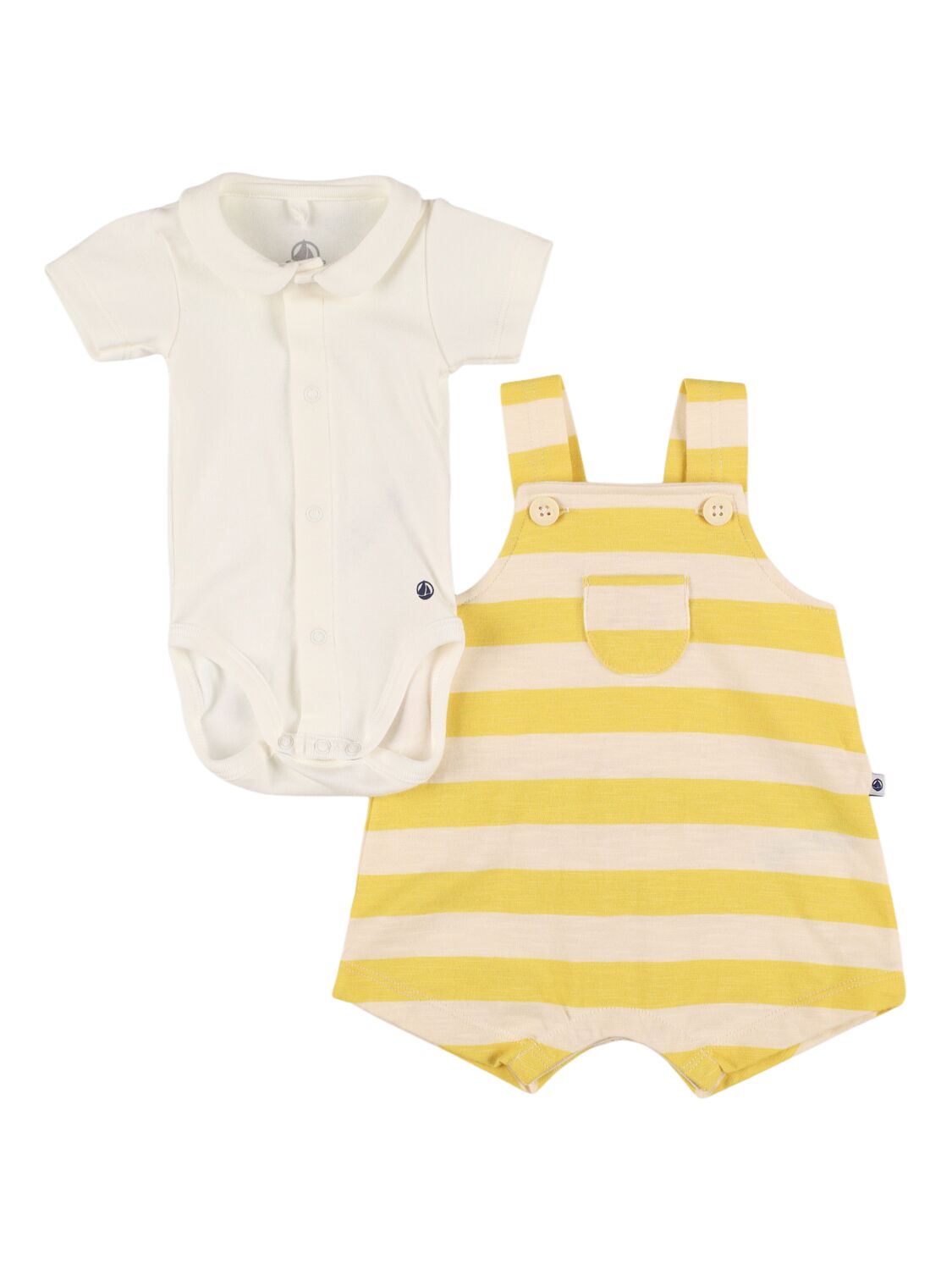 Petit Bateau Babies' Striped Cotton Dungarees & Bodysuit In White,yellow