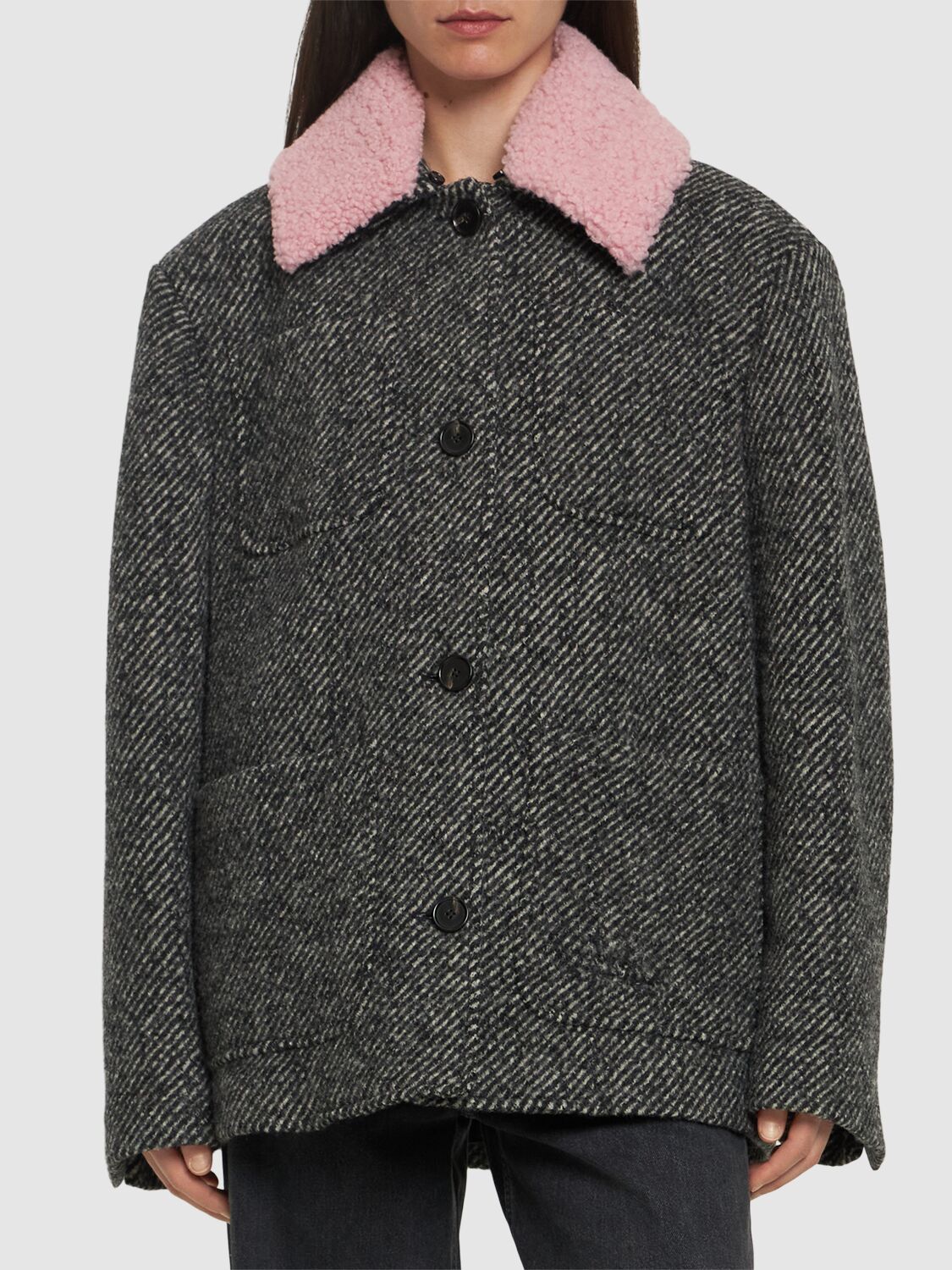 Shop Msgm Single Breast Herringbone Short Coat In Grey/pink