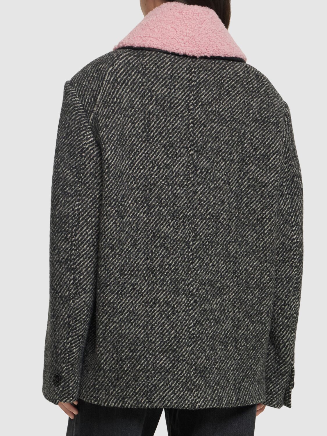 Shop Msgm Single Breast Herringbone Short Coat In Grey/pink