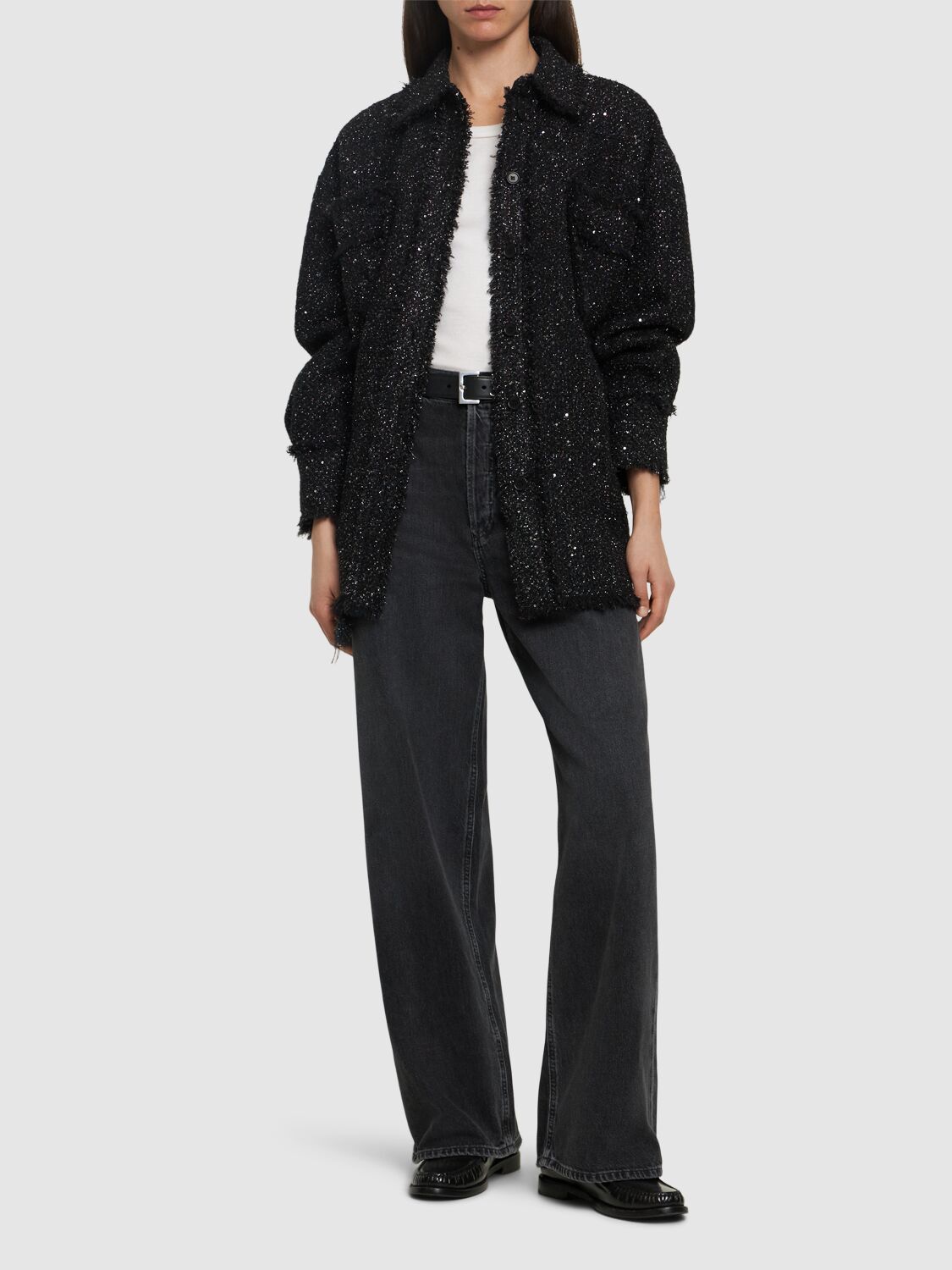 Shop Msgm Tweed Shirt Jacket In Black