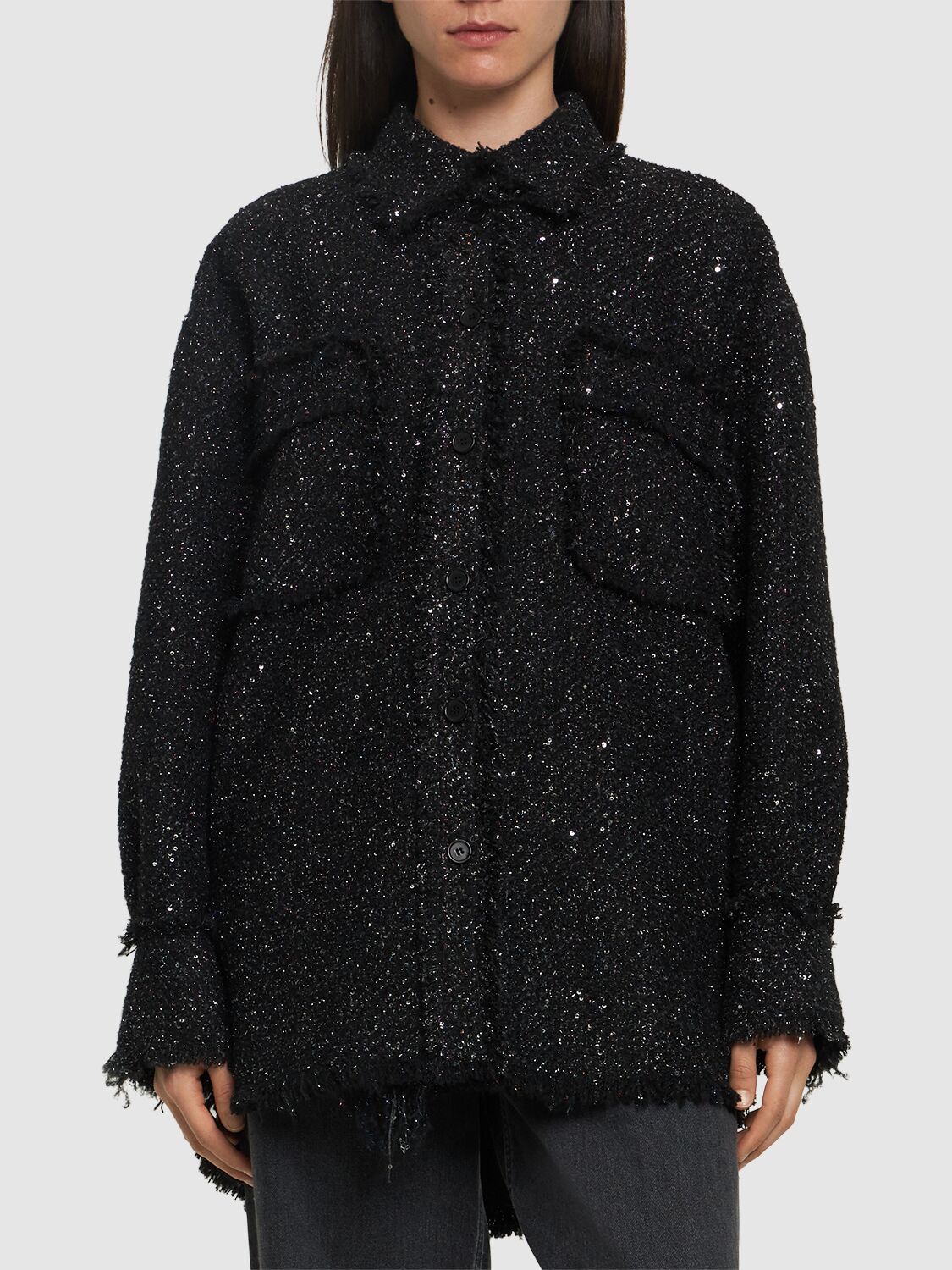 Shop Msgm Tweed Shirt Jacket In Black