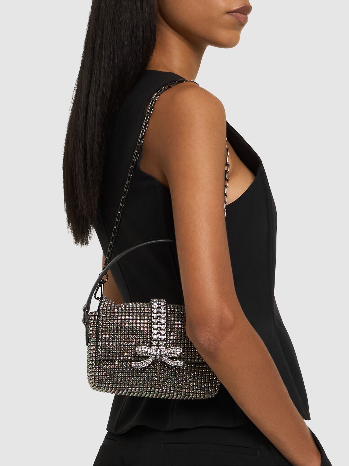 Shop Self-portrait Micro Chainmail Crystal Top Handle Bag In Silver